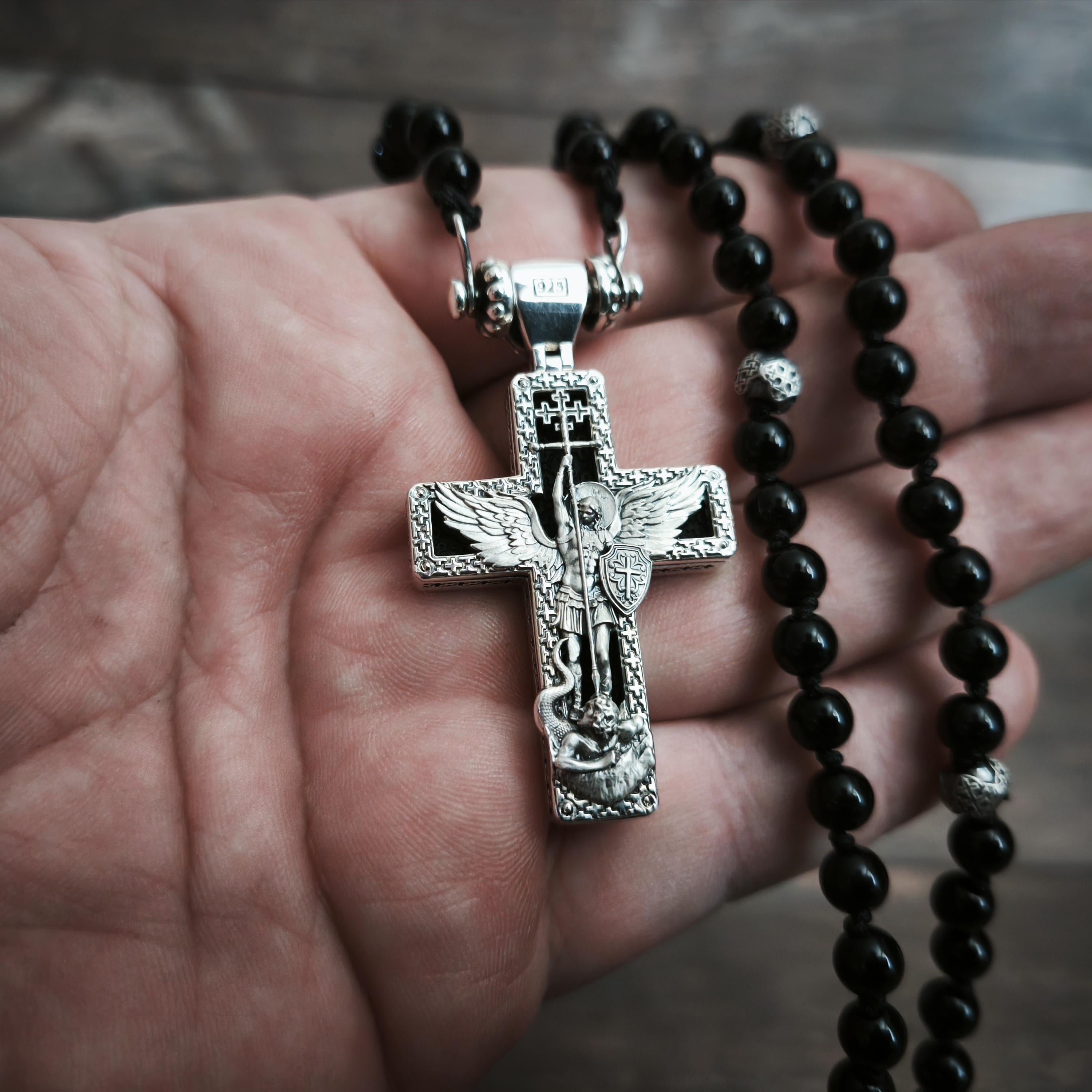 Personalized Saint Benedict Crucifix Necklace Archangel Saint Michael : Sterling Silver & Ebony Wood