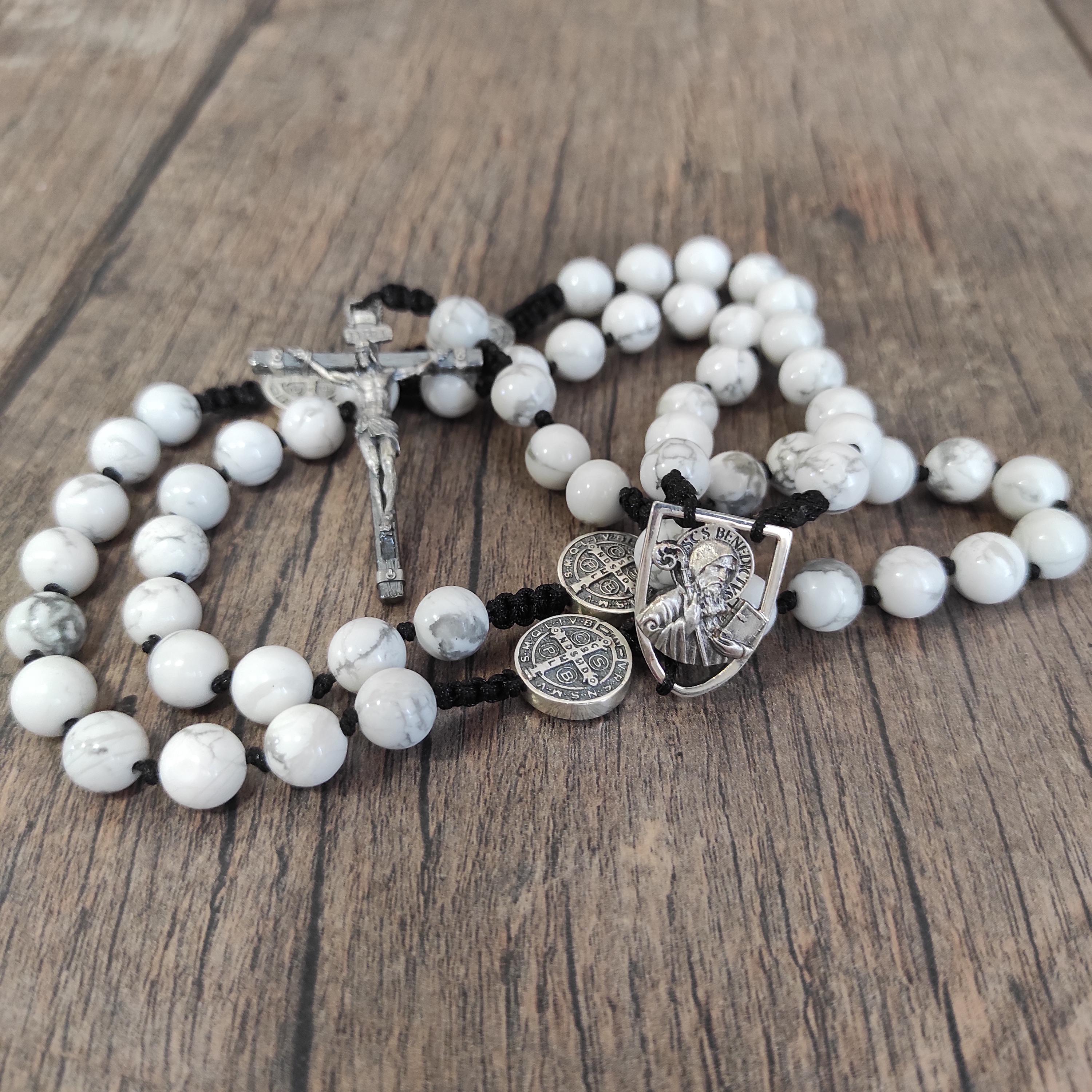 Sterling Silver Saint Benedict Rosary: White Howlite Beads, Catholic Exorcism Pendant