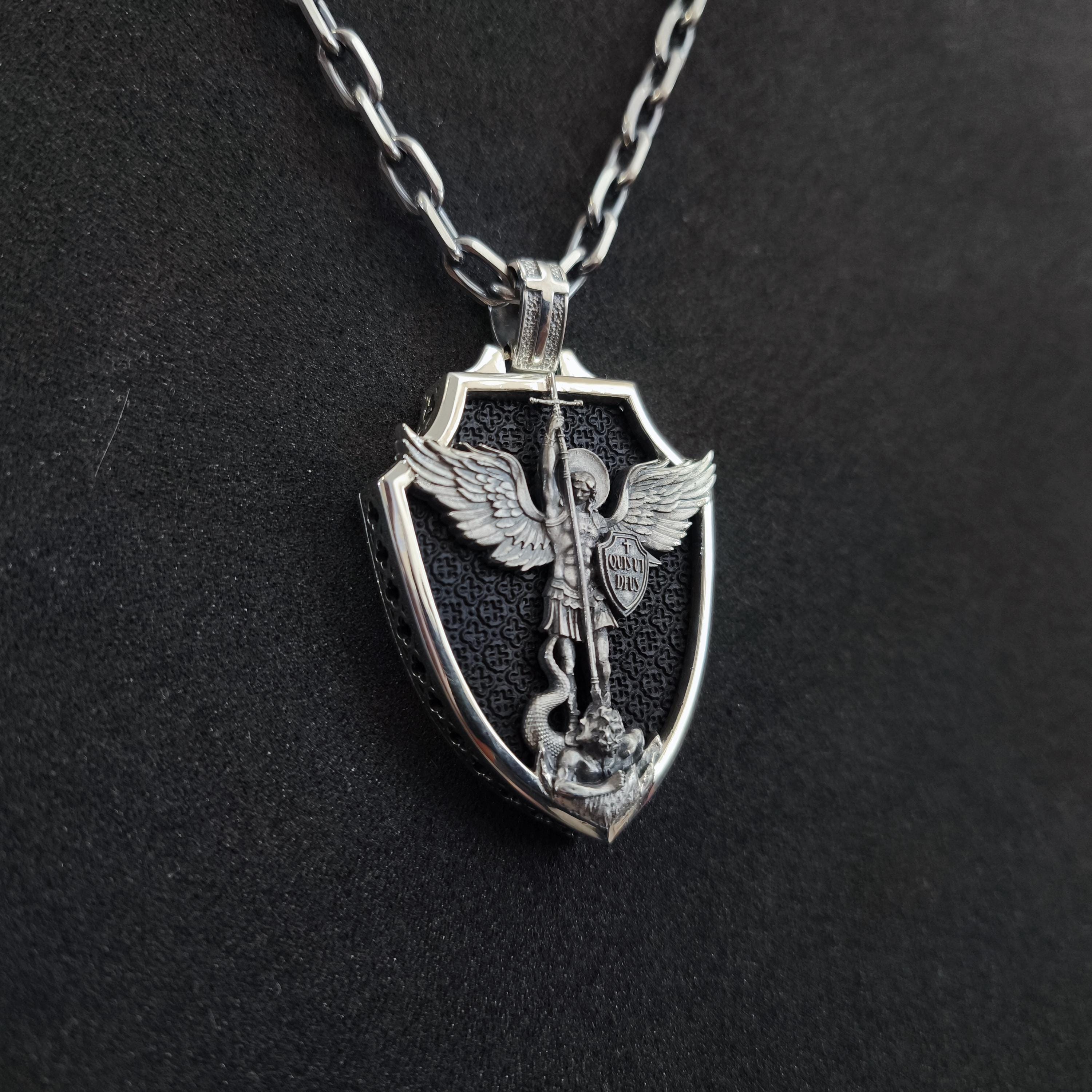Personalized Sterling Silver Archangel Michael Shield Necklace - Ebony Wood Pendant