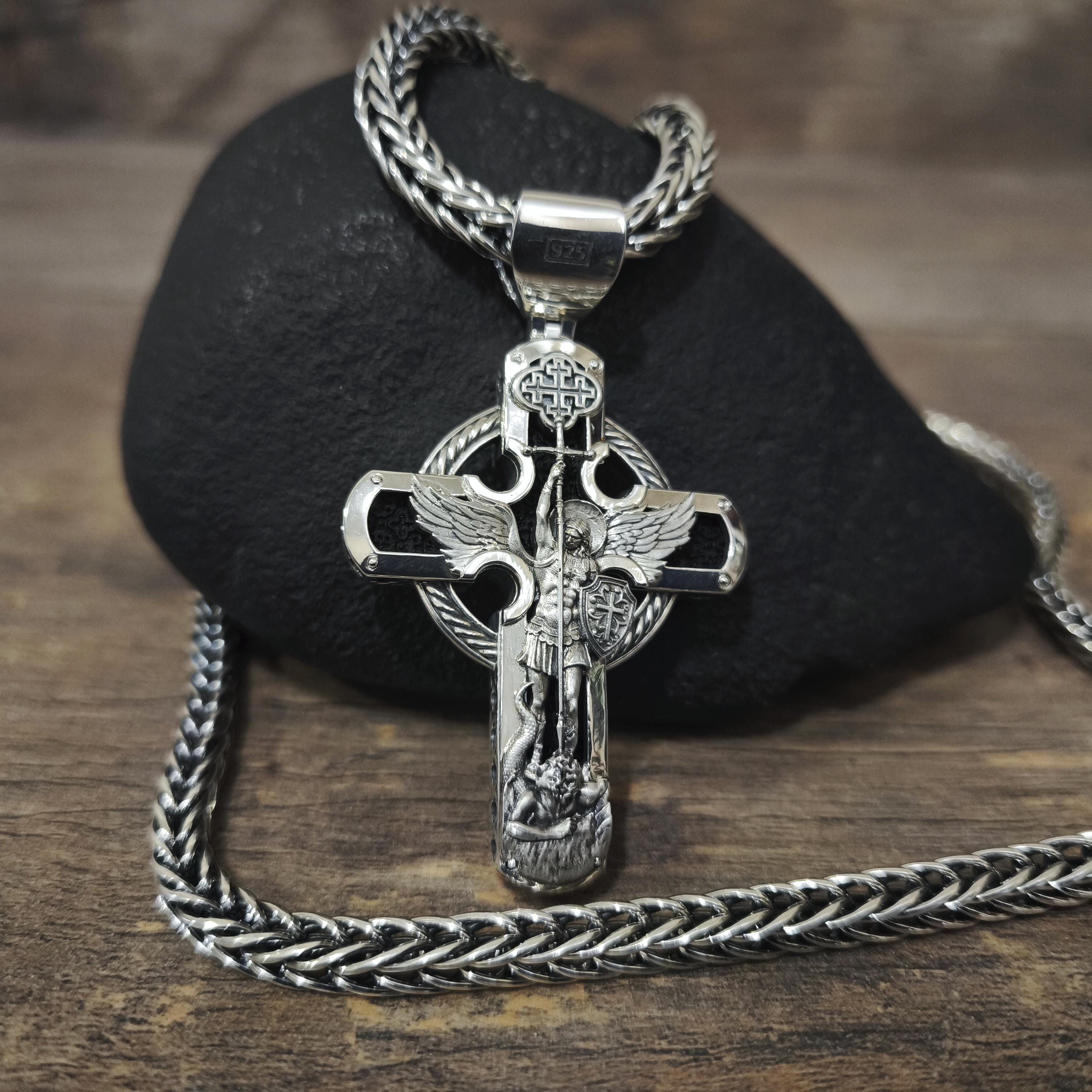Personalized Saint Benedict Crucifix Necklace Archangel Saint Michael : Sterling Silver & Ebony Wood