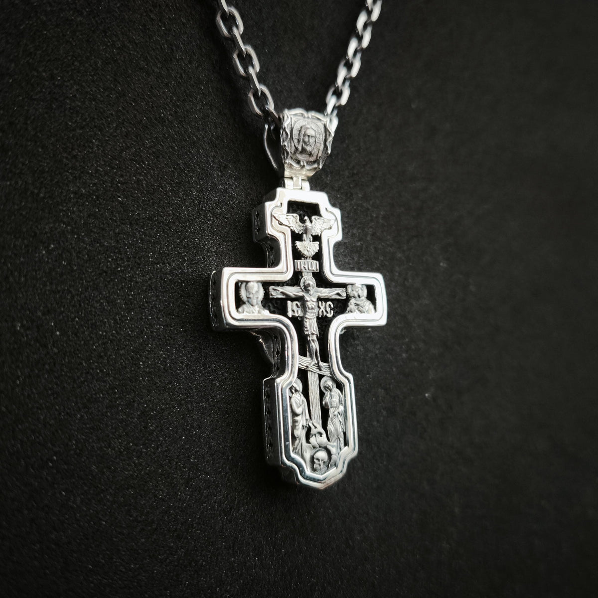 Sterling Silver Orthodox Crucifix Necklace Archangel Saint Michael & Ebony Wood - Religious Pendant