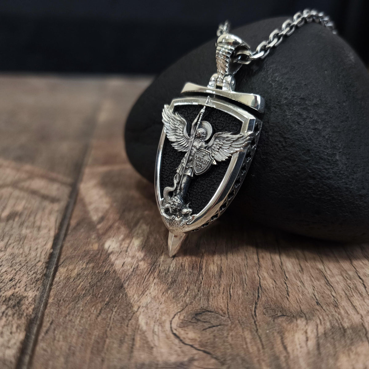 Personalized Sterling Silver Archangel Michael Shield Necklace - Ebony Wood Pendant
