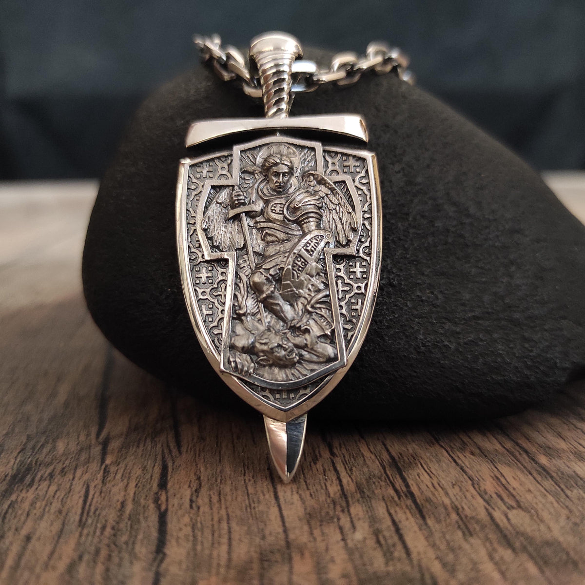 Sterling Silver Archangel Michael Shield Pendant: Religious Necklace Gift