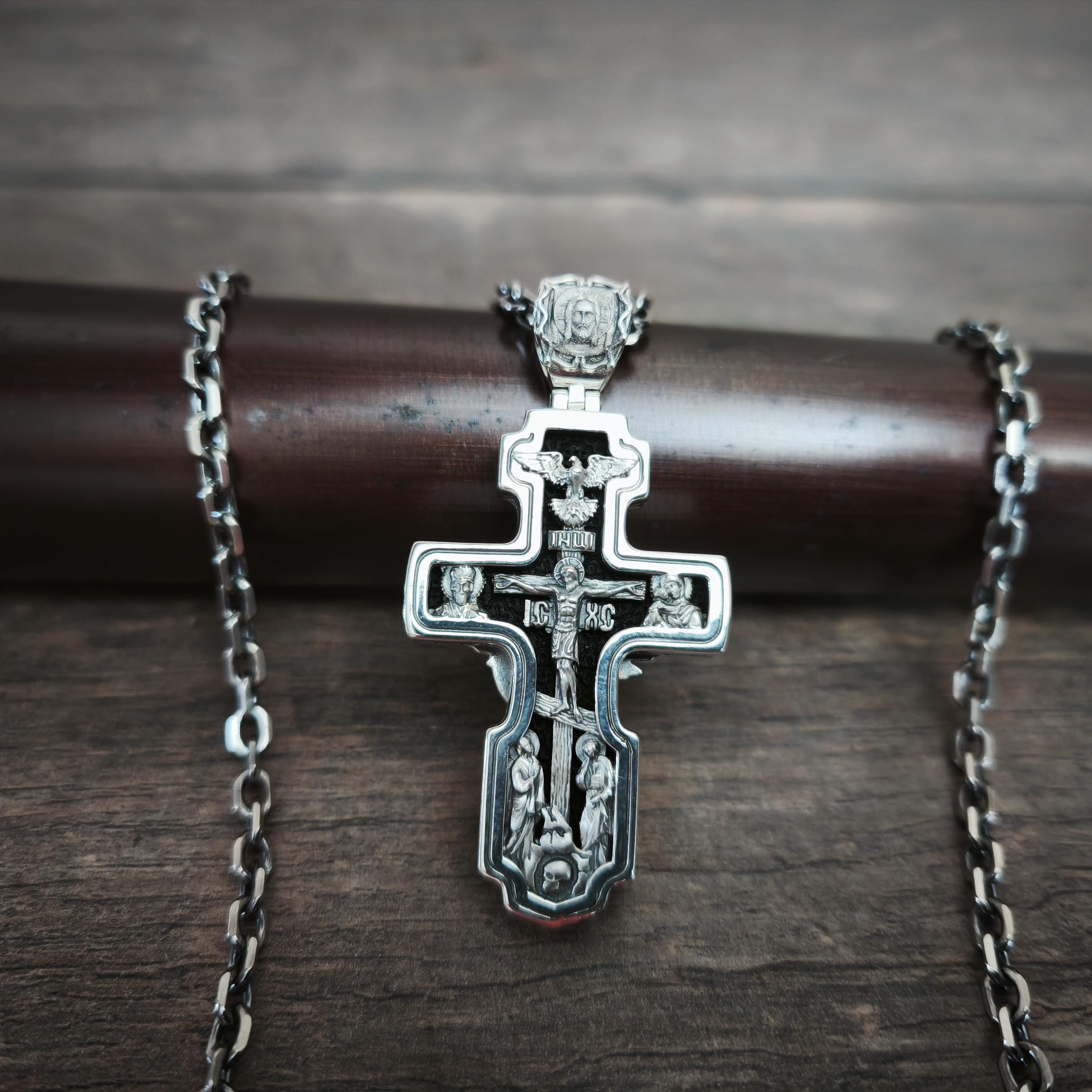 Sterling Silver Orthodox Crucifix Necklace Archangel Saint Michael & Ebony Wood - Religious Pendant