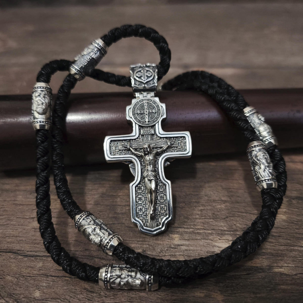 Personalized Jesus Cross Saint Benedict Crucifix Necklace Archangel Saint Michael : Sterling Silver