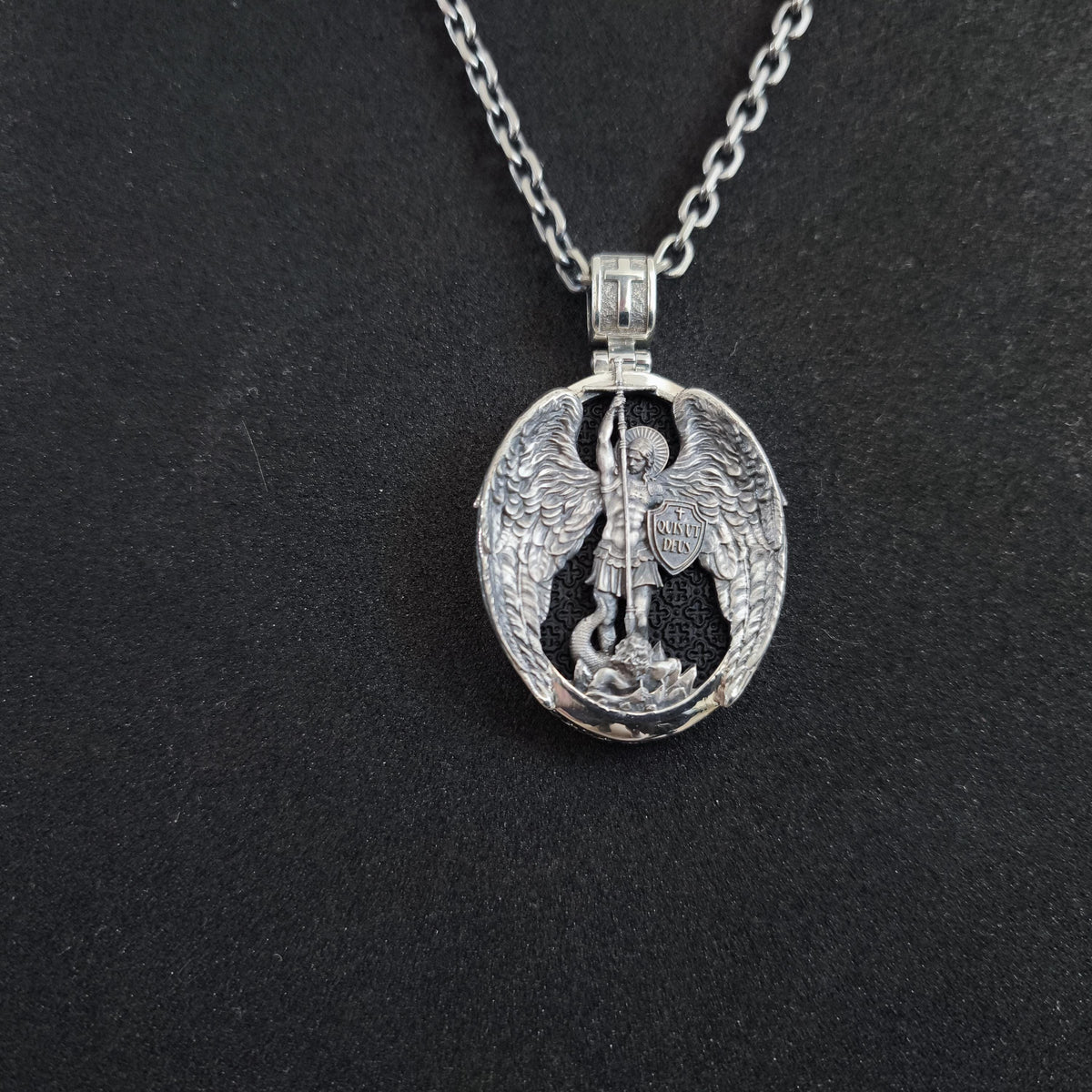 Sterling Silver Archangel Michael Pendant - Ebony Wood Religious Necklace
