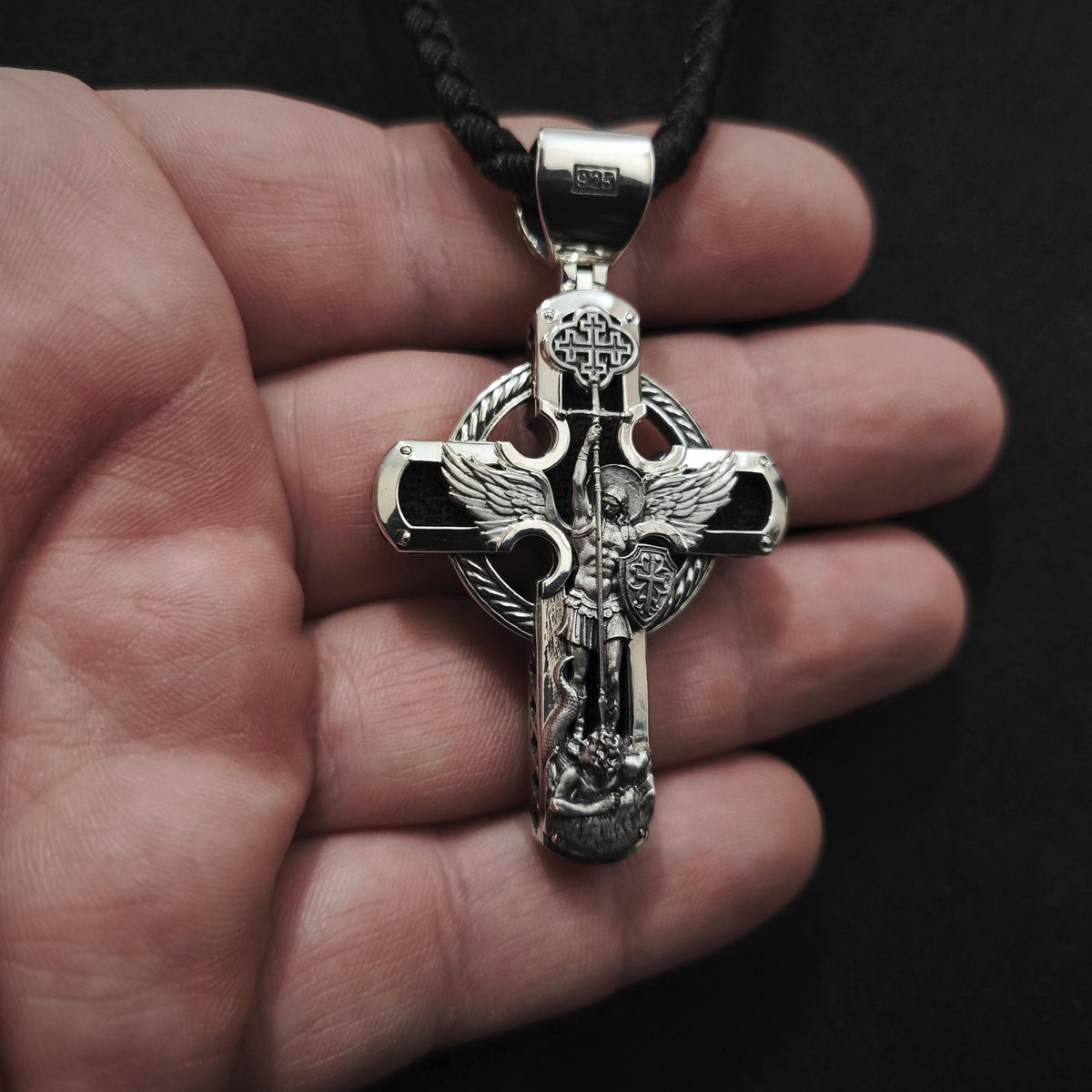 Personalized Jesus Cross Saint Benedict Crucifix Necklace Archangel Saint Michael : Sterling Silver & Ebony Wood