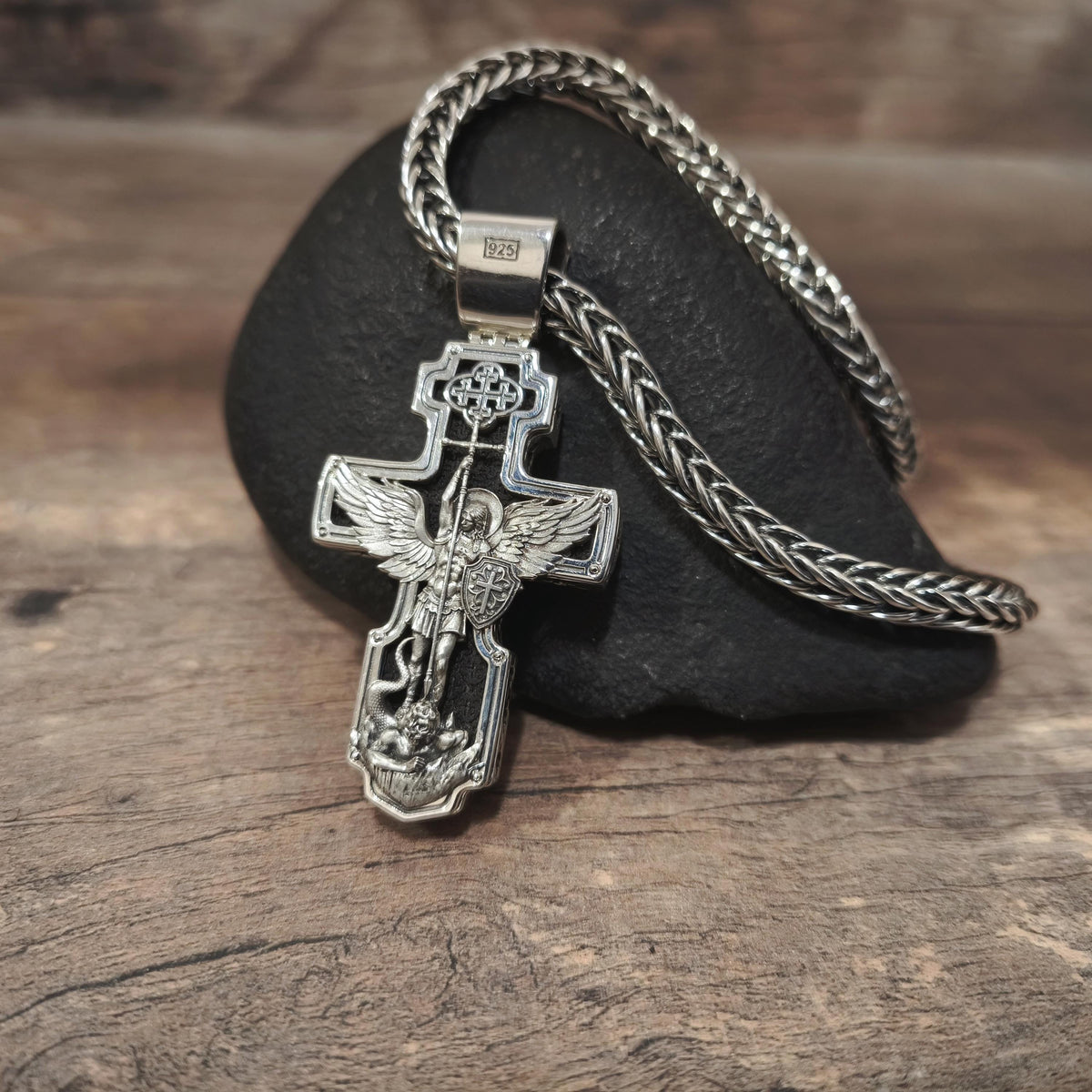 Personalized Saint Benedict Crucifix Necklace Archangel Saint Michael : Sterling Silver & Ebony Wood