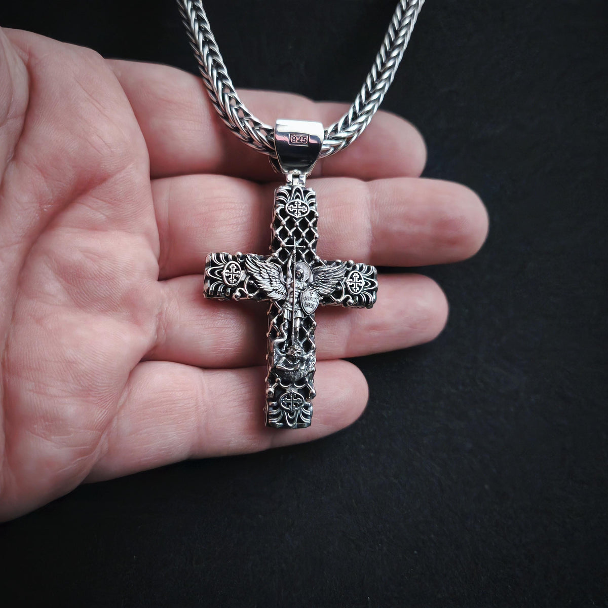Sterling Silver Crucifix Archangel Michael Necklace & Ebony Wood - Religious Pendant