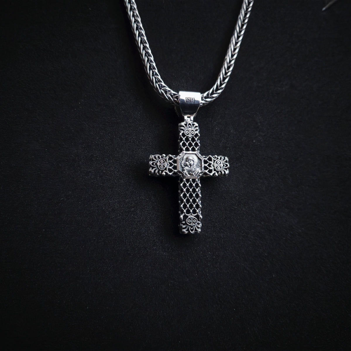 Sterling Silver Orthodox Crucifix Necklace & Ebony Wood - Religious Pendant