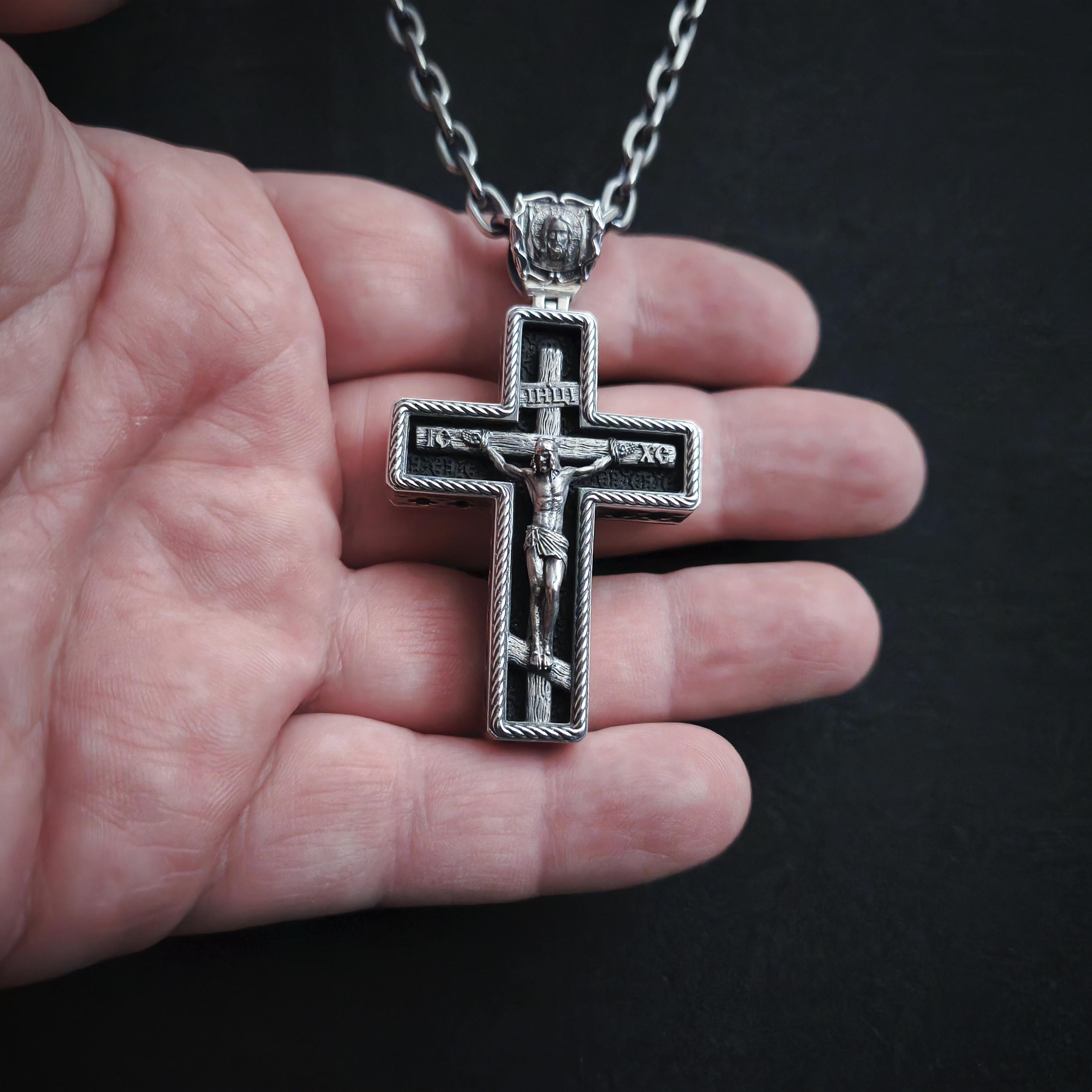 Sterling Silver Orthodox Crucifix Necklace Archangel Saint Michael & Ebony Wood - Religious Pendant