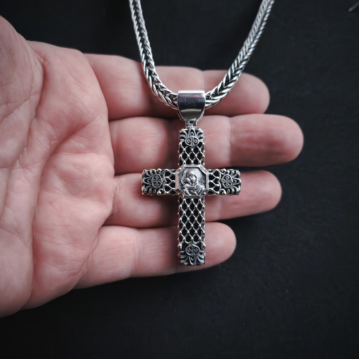 Sterling Silver Orthodox Crucifix Necklace & Ebony Wood - Religious Pendant