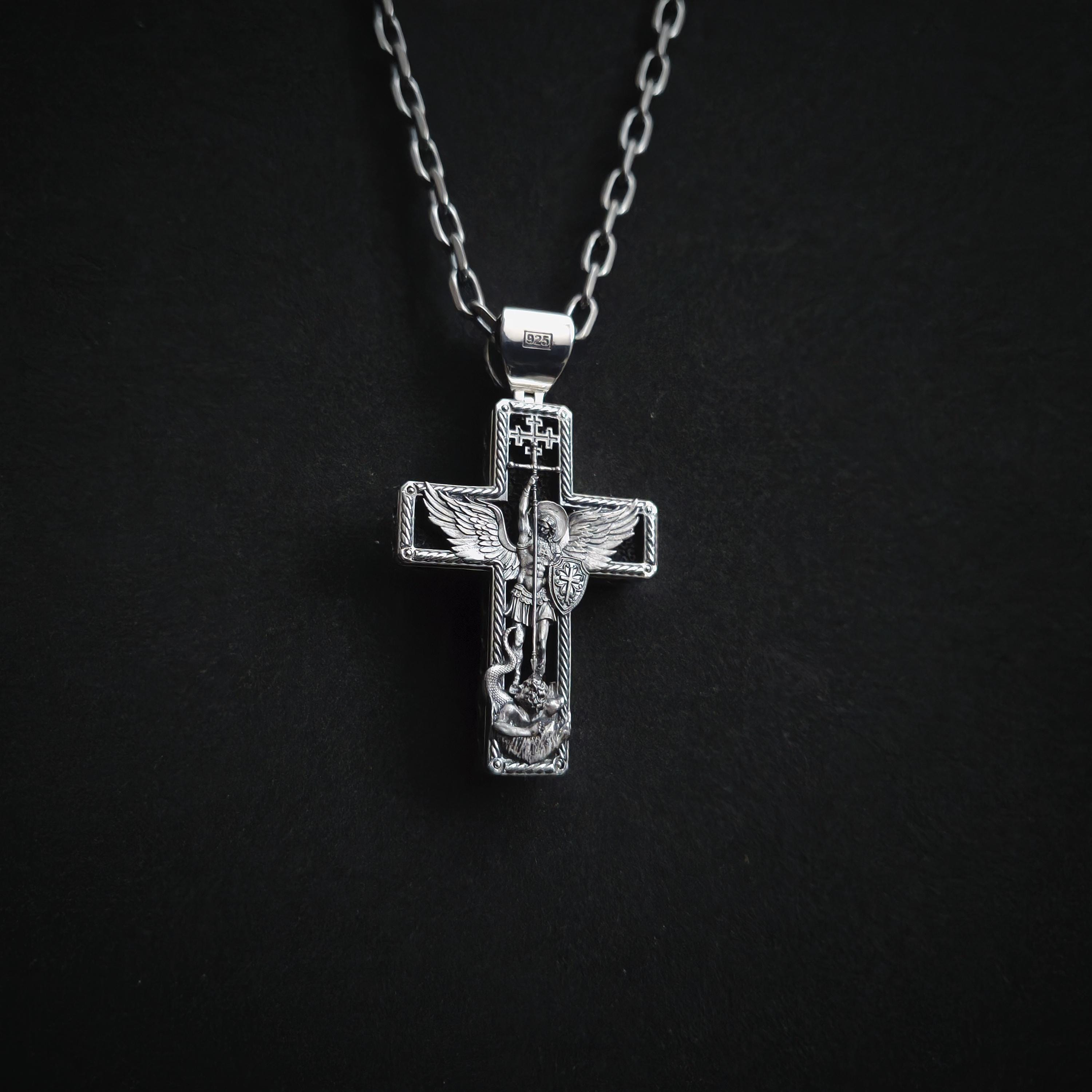 Personalized Saint Benedict Crucifix Necklace Archangel Saint Michael : Sterling Silver & Ebony Wood