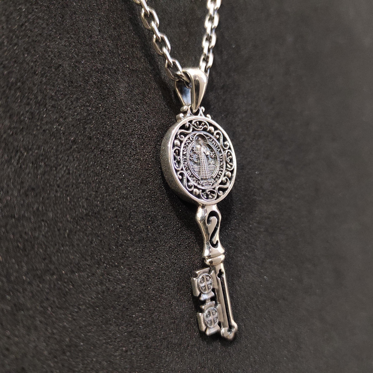 Saint Benedict Key Pendant: Sterling Silver Gothic Crucifix Necklace