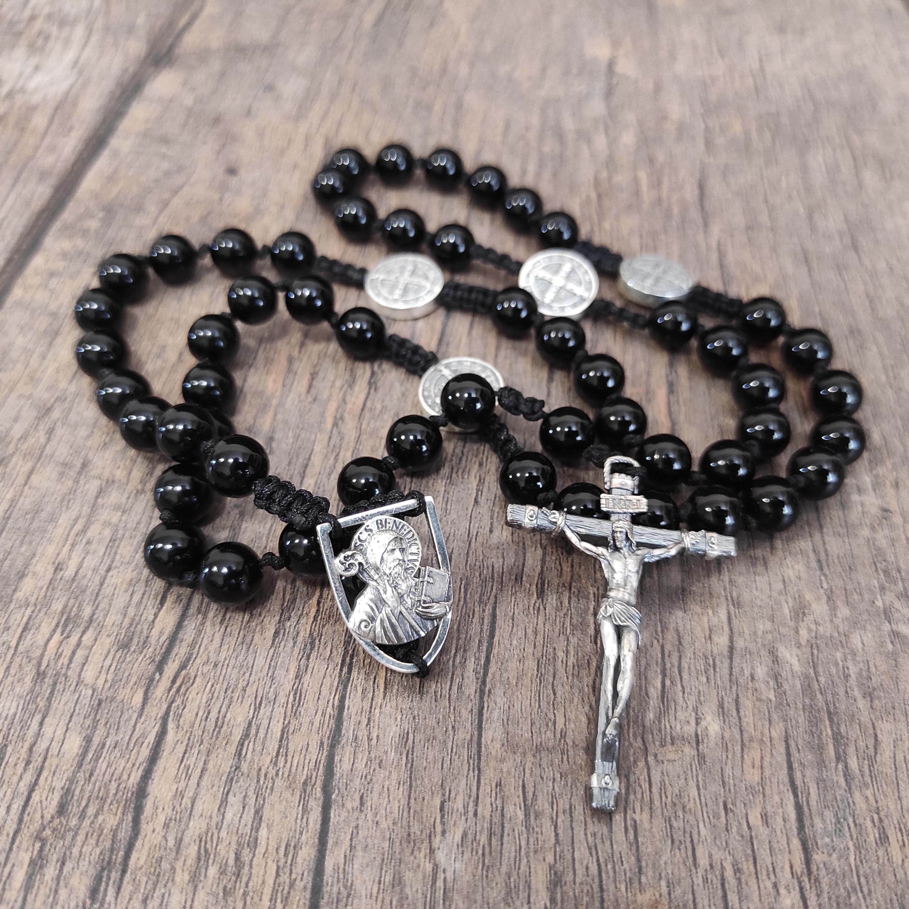 Handmade Sterling Silver Saint Benedict Rosary: Black Agate Beads