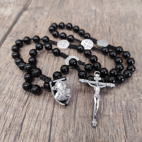 Handmade Sterling Silver Saint Benedict Rosary: Black Agate Beads