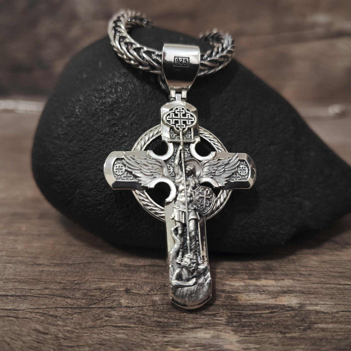 Sterling Silver Orthodox Crucifix Jesus Cross Necklace Archangel Saint Michael - Religious Pendant