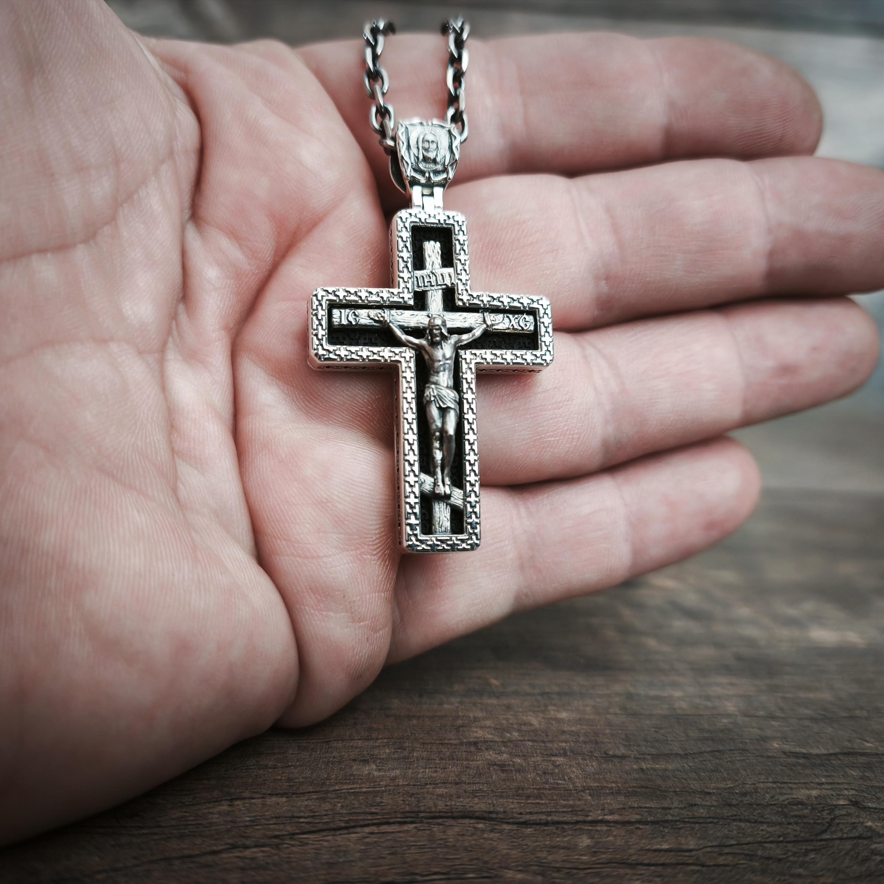 Sterling Silver Orthodox Crucifix Necklace Archangel Saint Michael & Ebony Wood - Religious Pendant