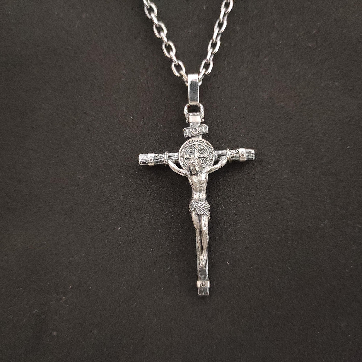 Personalized Saint Benedict Crucifix Necklace: Sterling Silver Exorcism Cross Pendant
