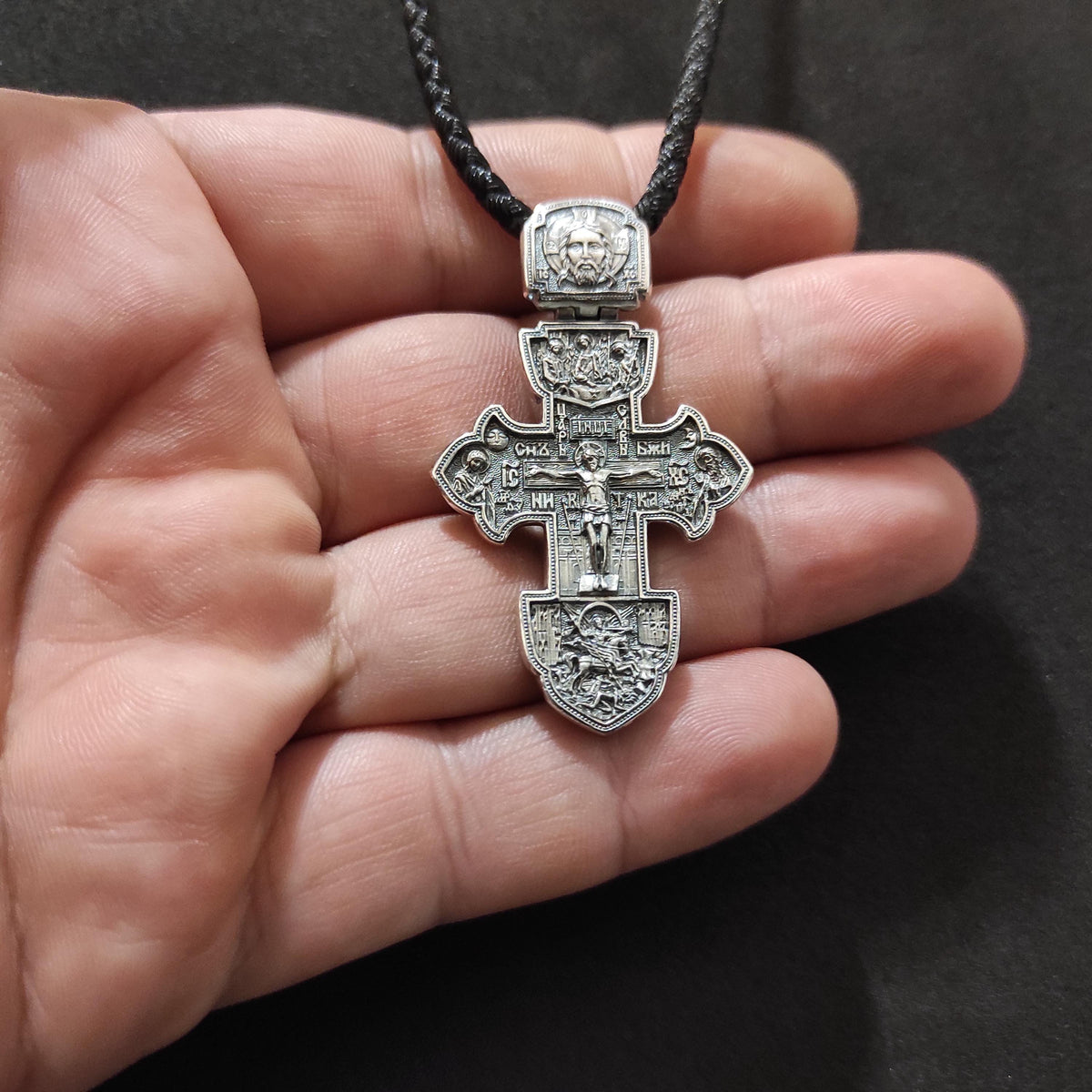 Orthodox Crucifix: Sterling Silver Jesus Cross Pendant with Silk Cord
