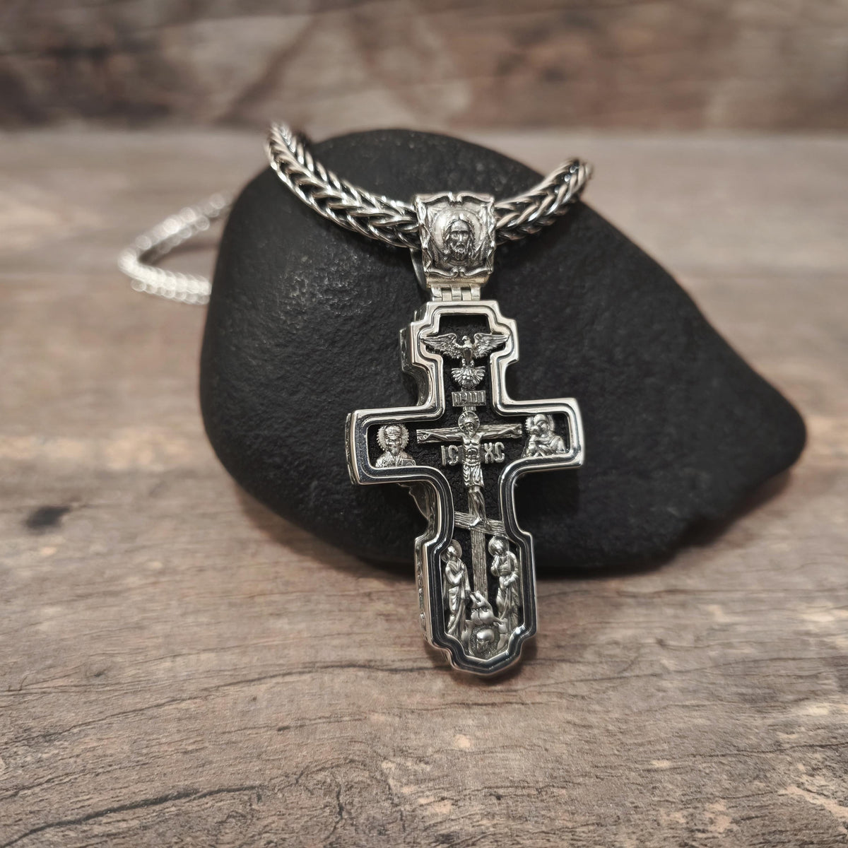 Sterling Silver Orthodox Cross Necklace - Archangel Michael, Ebony Wood