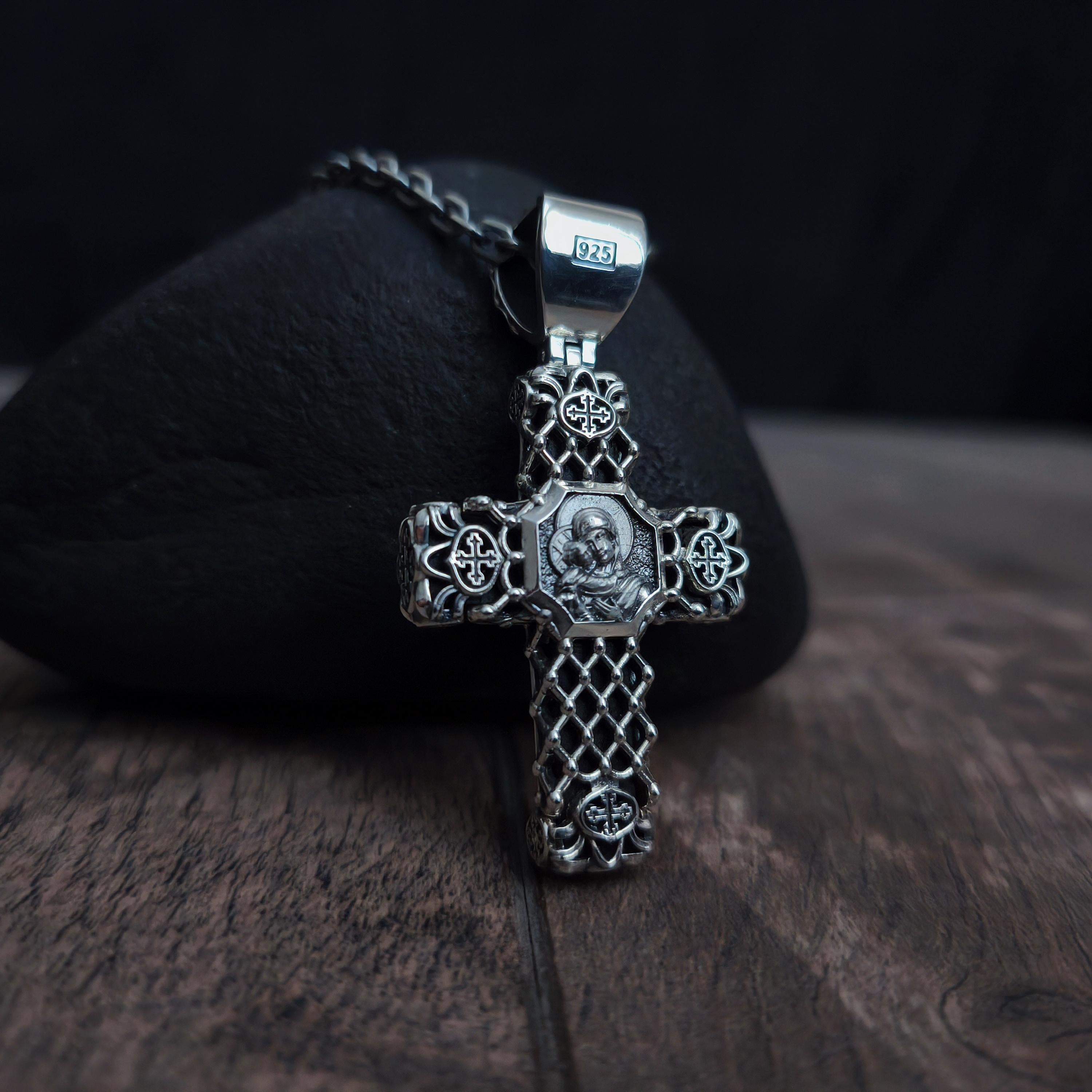 Sterling Silver Orthodox Crucifix Necklace & Ebony Wood - Religious Pendant