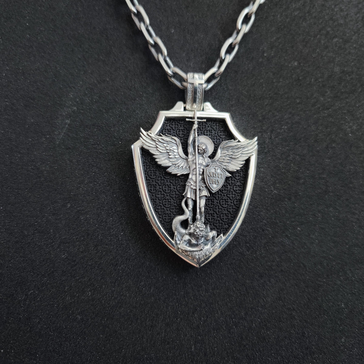 Personalized Sterling Silver Archangel Michael Shield Necklace - Ebony Wood Pendant