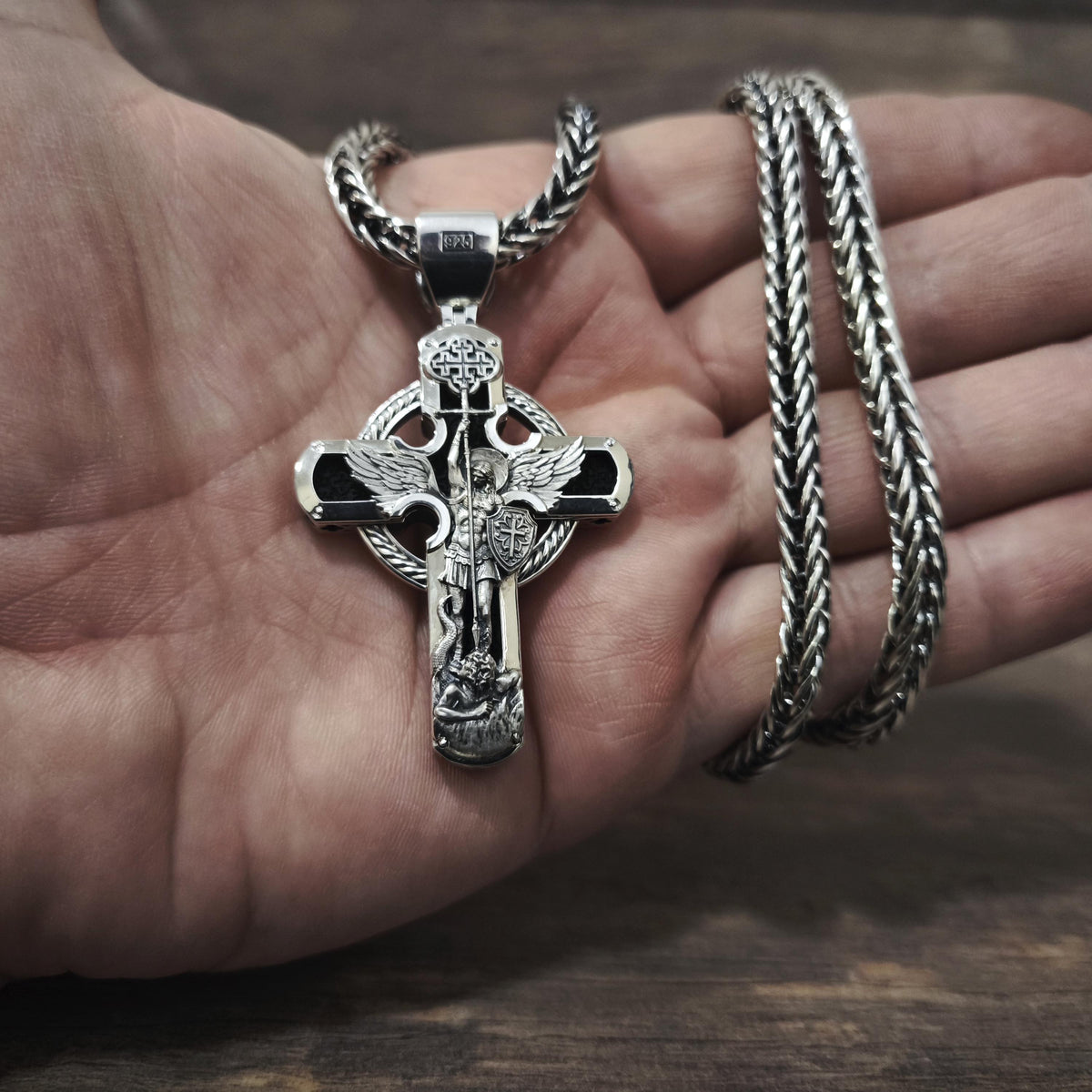 Sterling Silver Orthodox Cross Necklace - Archangel Michael, Ebony Wood