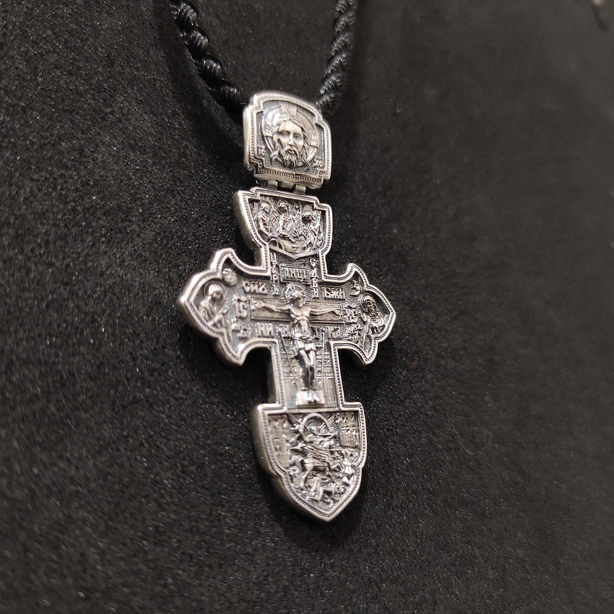 Orthodox Crucifix: Sterling Silver Jesus Cross Pendant with Silk Cord