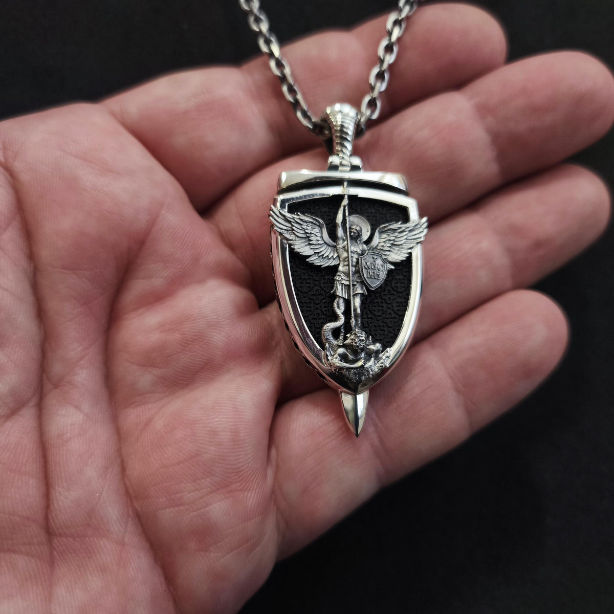 Personalized Sterling Silver Archangel Michael Shield Necklace - Ebony Wood Pendant
