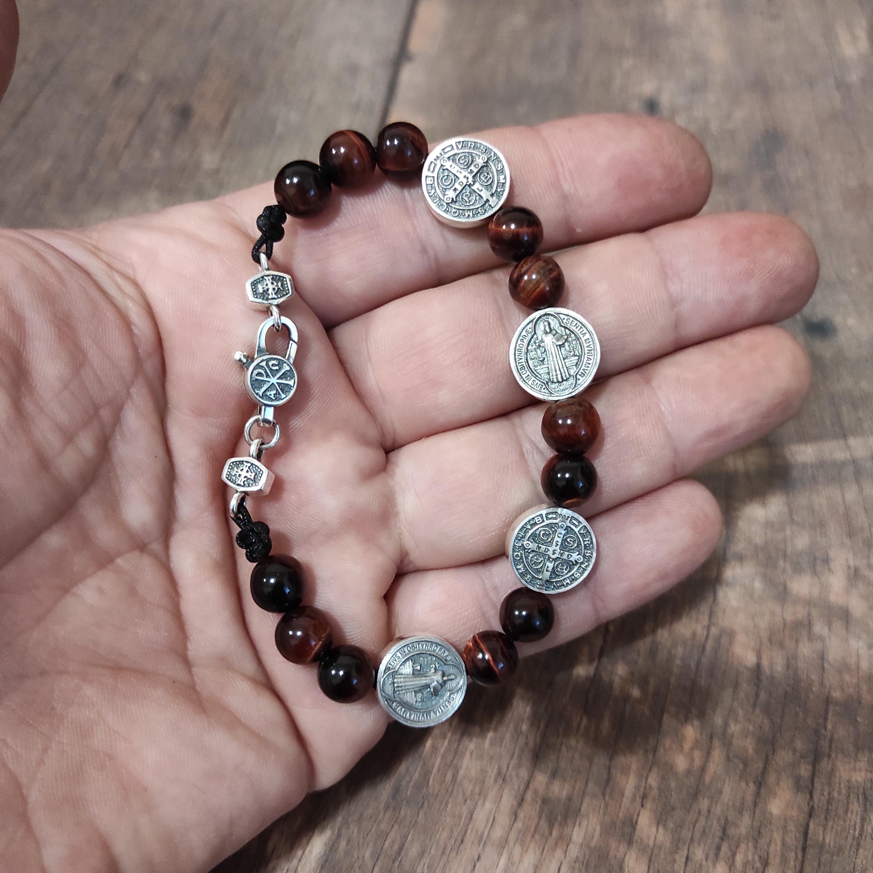 Handmade Saint Benedict Bracelet: 925 Silver, Tiger Eye Stone