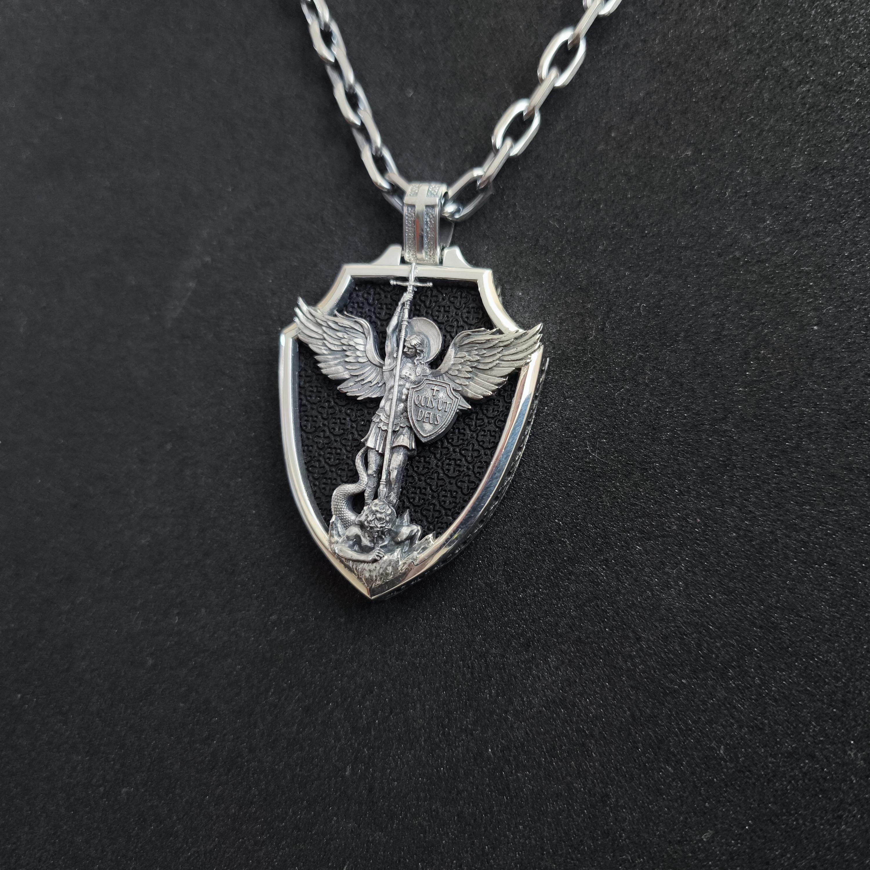 Personalized Sterling Silver Archangel Michael Shield Necklace - Ebony Wood Pendant