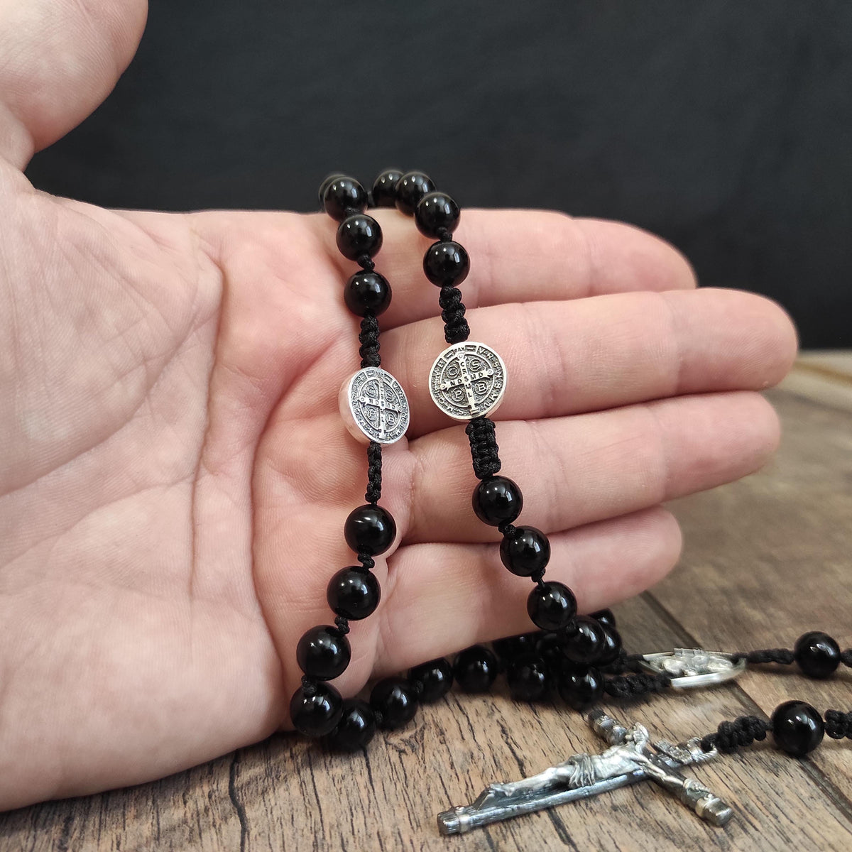 Handmade Sterling Silver Saint Benedict Rosary: Black Agate Beads