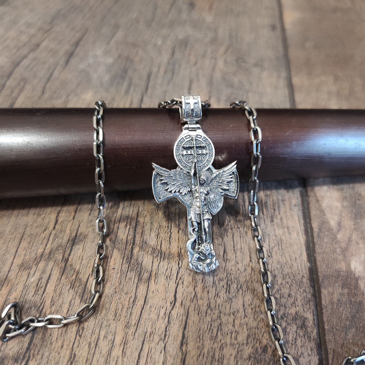 Sterling Silver Archangel Michael Necklace: Handmade St. Benedict Exorcism Cross