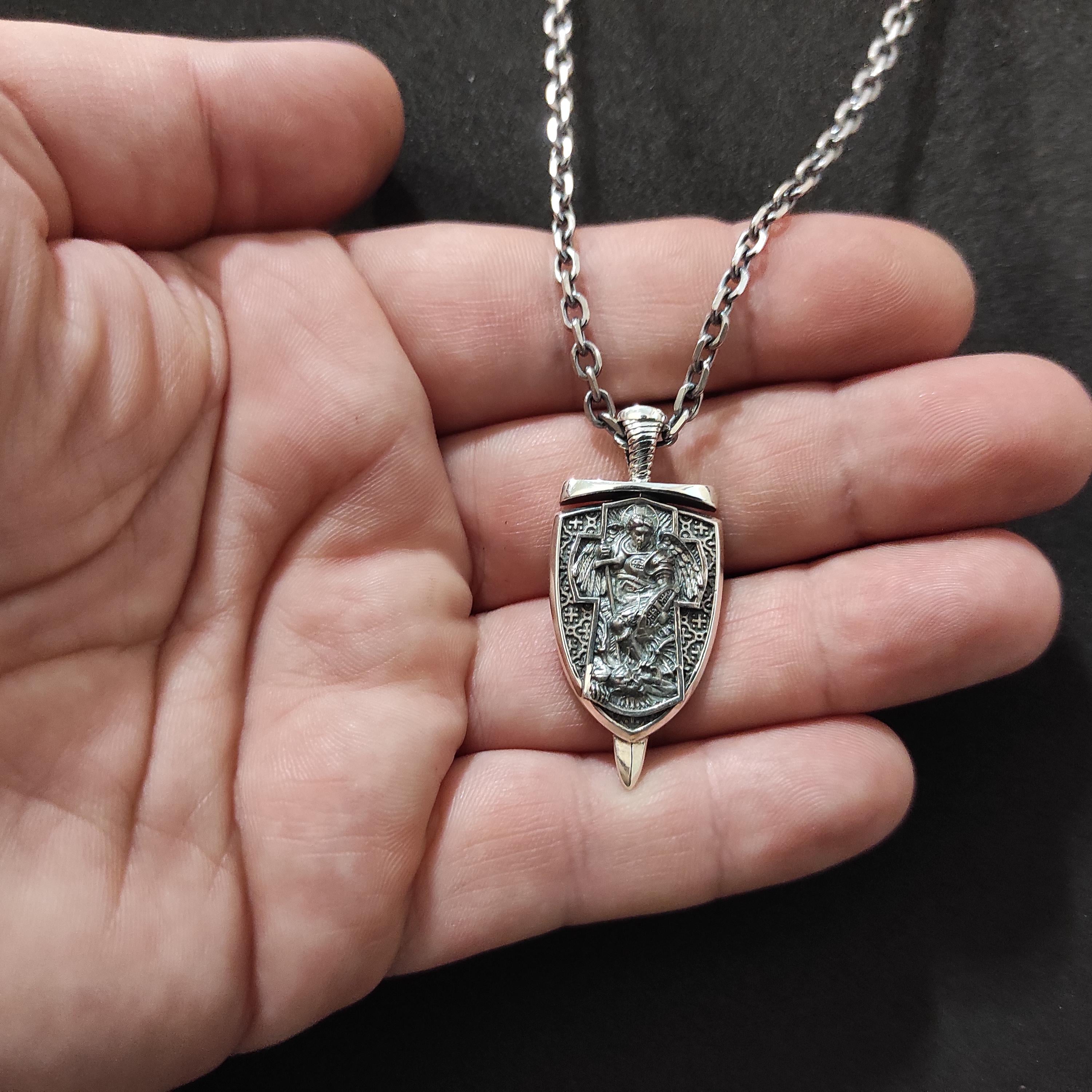 Sterling Silver Archangel Michael Shield Pendant Necklace: Religious Gift