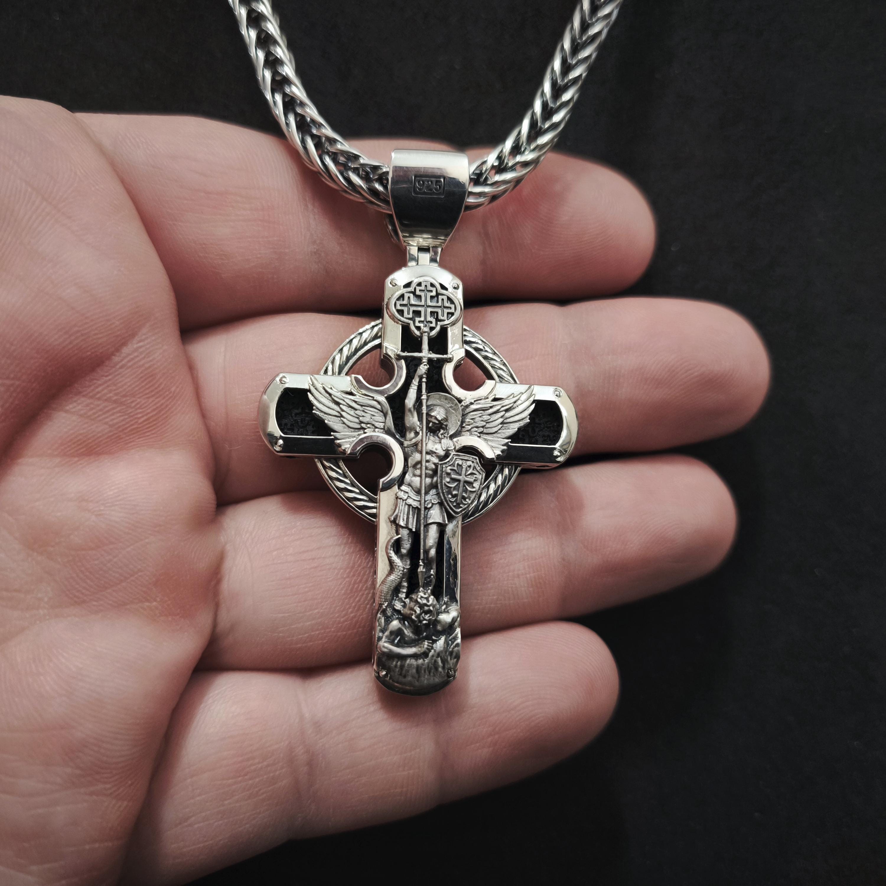 Sterling Silver Orthodox Cross Necklace - Archangel Michael, Ebony Wood