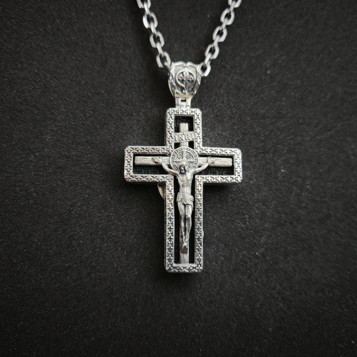 Personalized Saint Benedict Crucifix Necklace Archangel Saint Michael : Sterling Silver & Ebony Wood