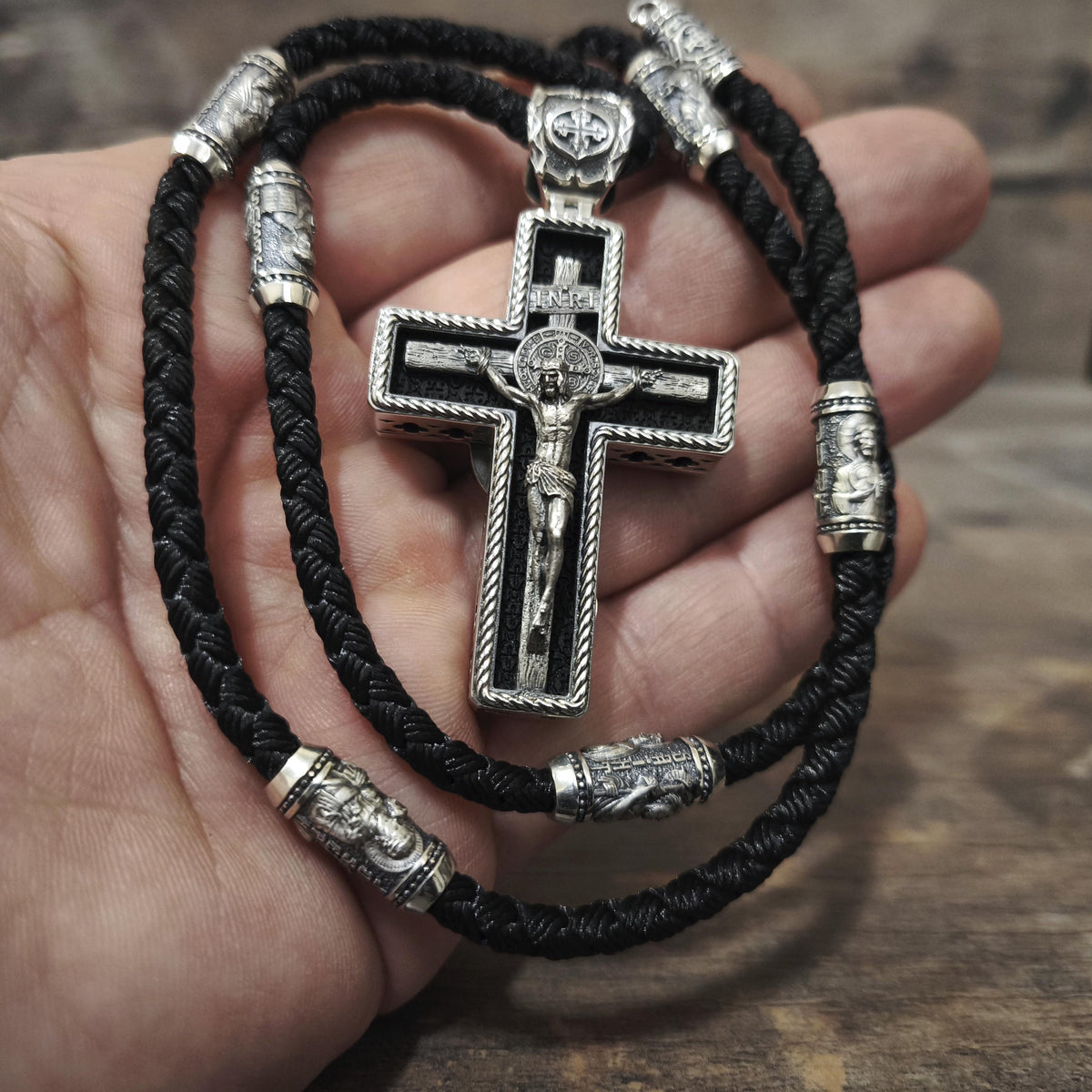 Personalized Jesus Cross Saint Benedict Crucifix Necklace Archangel Saint Michael : Sterling Silver & Ebony Wood