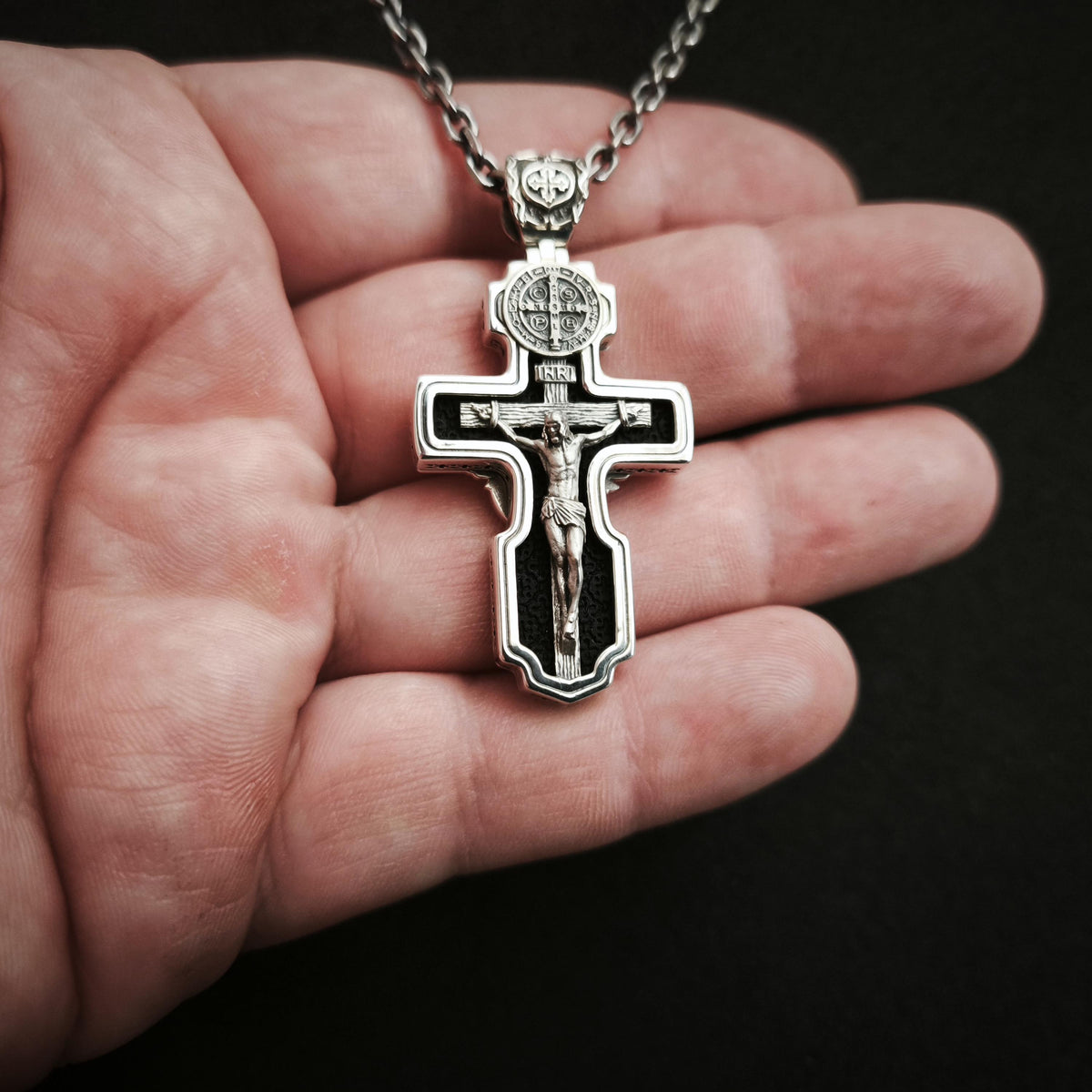 Personalized Saint Benedict Crucifix Necklace Archangel Saint Michael : Sterling Silver & Ebony Wood