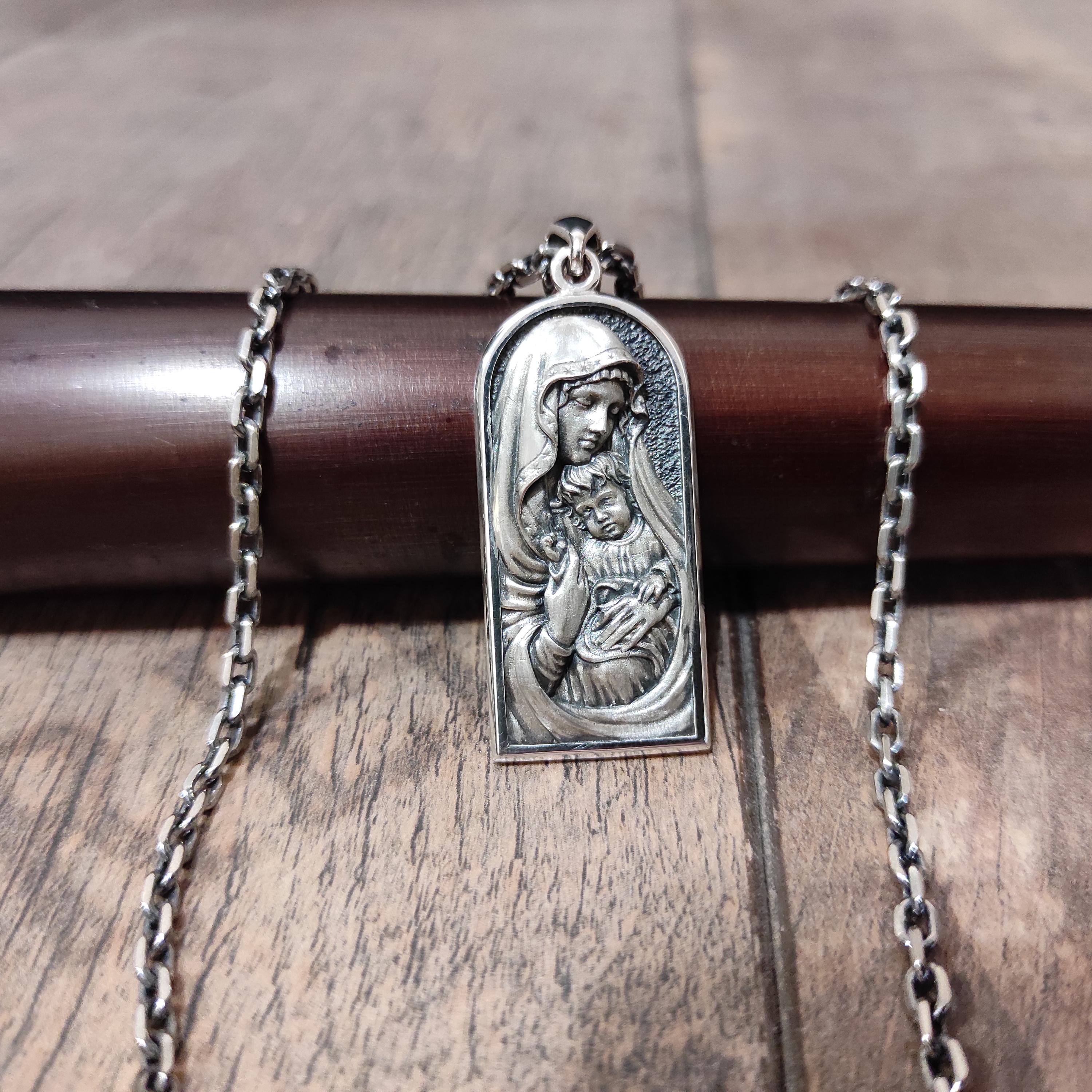 Sterling Silver Miraculous Medal Necklace: Virgin Mary & Baby Jesus