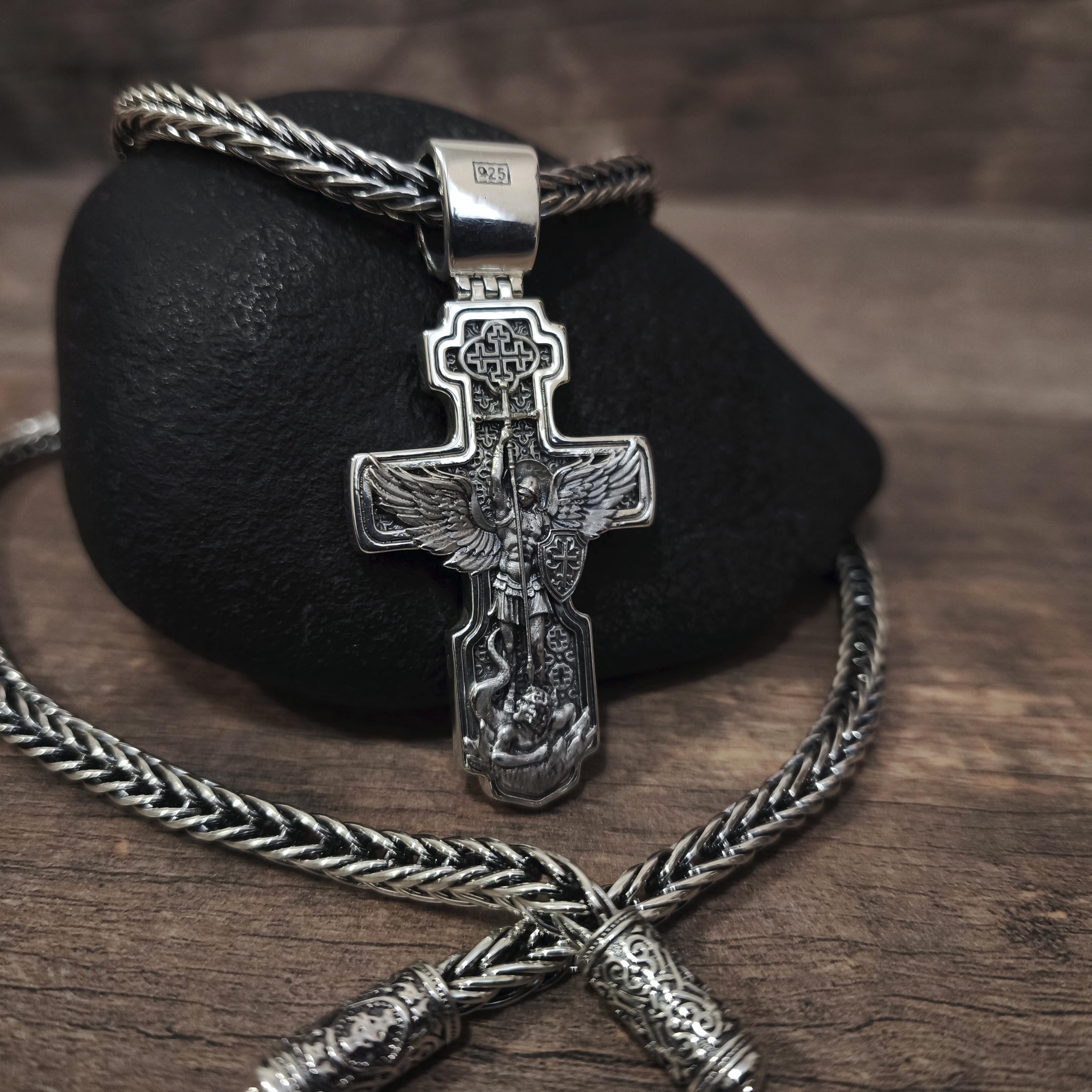 Sterling Silver Orthodox Crucifix Jesus Cross Necklace Archangel Saint Michael - Religious Pendant