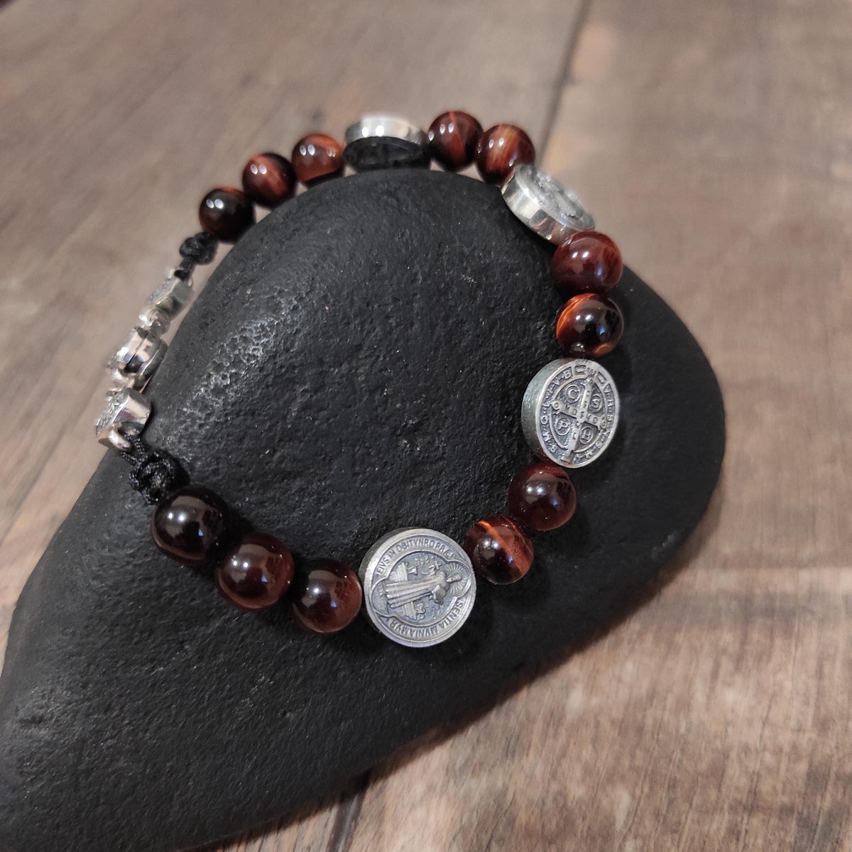 Handmade Saint Benedict Bracelet: 925 Silver, Tiger Eye Stone