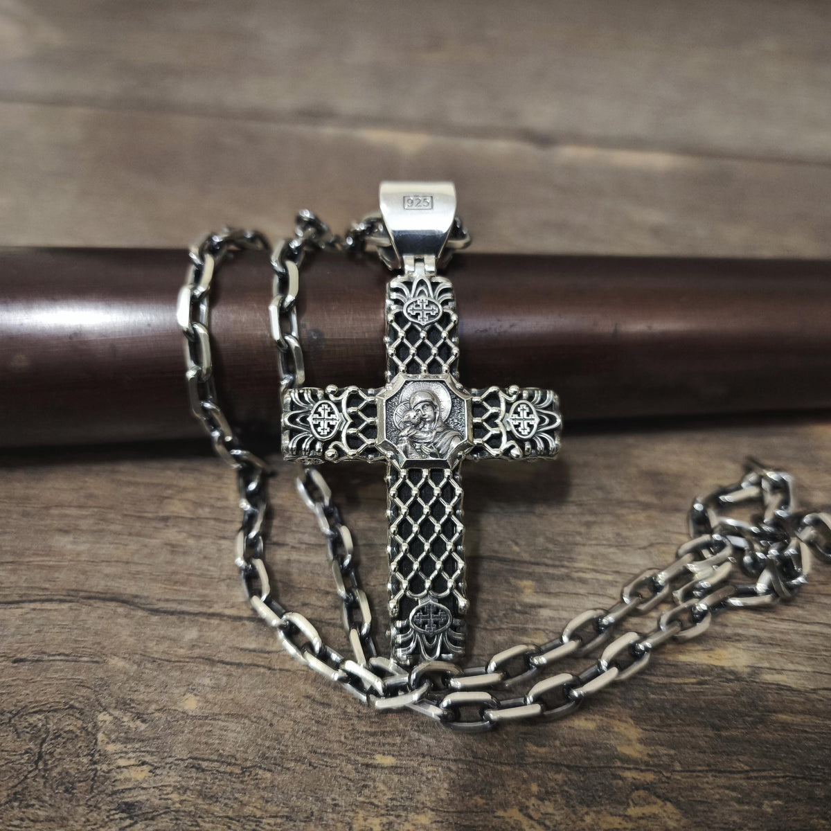Sterling Silver Orthodox Crucifix Necklace & Ebony Wood - Religious Pendant
