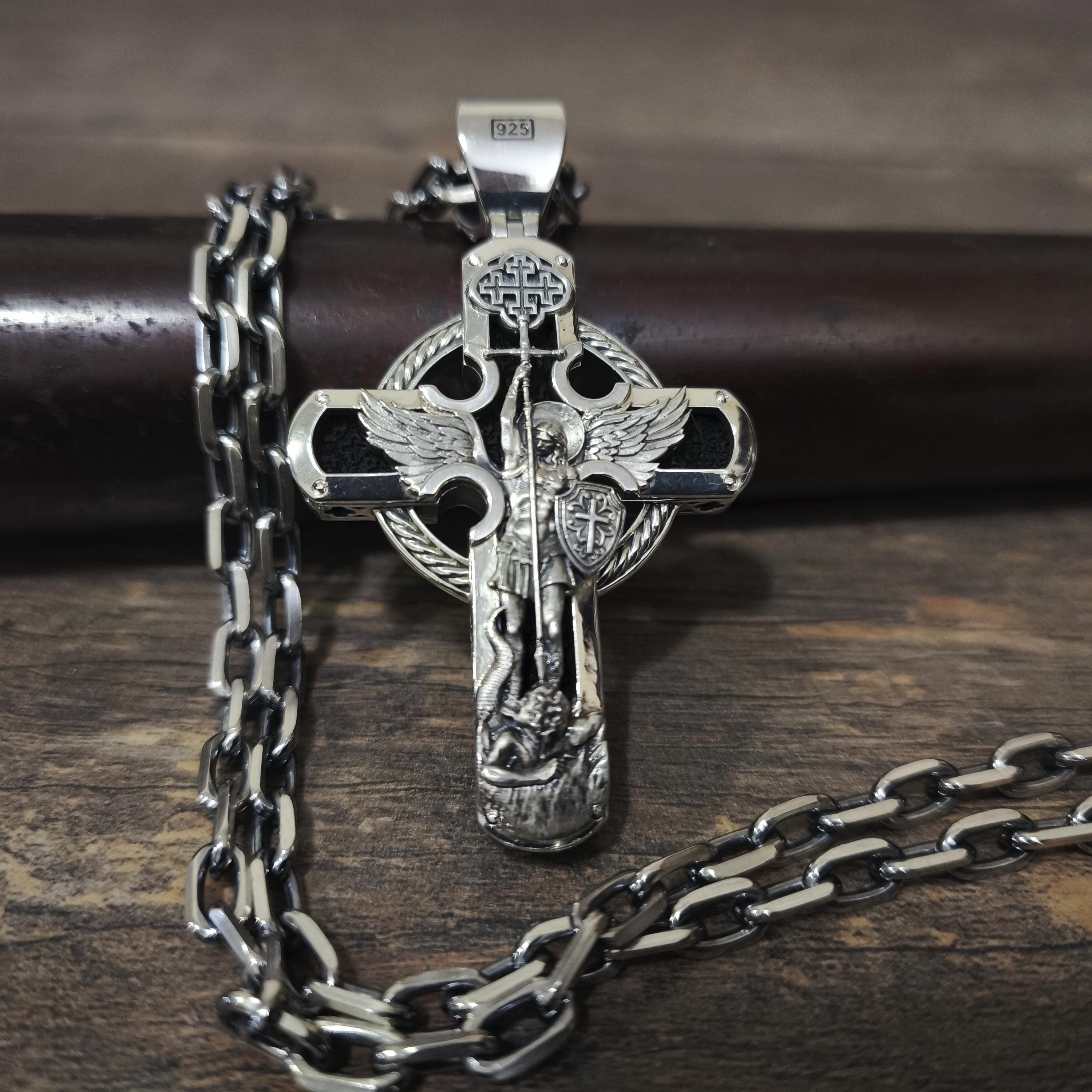 Sterling Silver Orthodox Crucifix Necklace Archangel Saint Michael & Ebony Wood - Religious Pendant