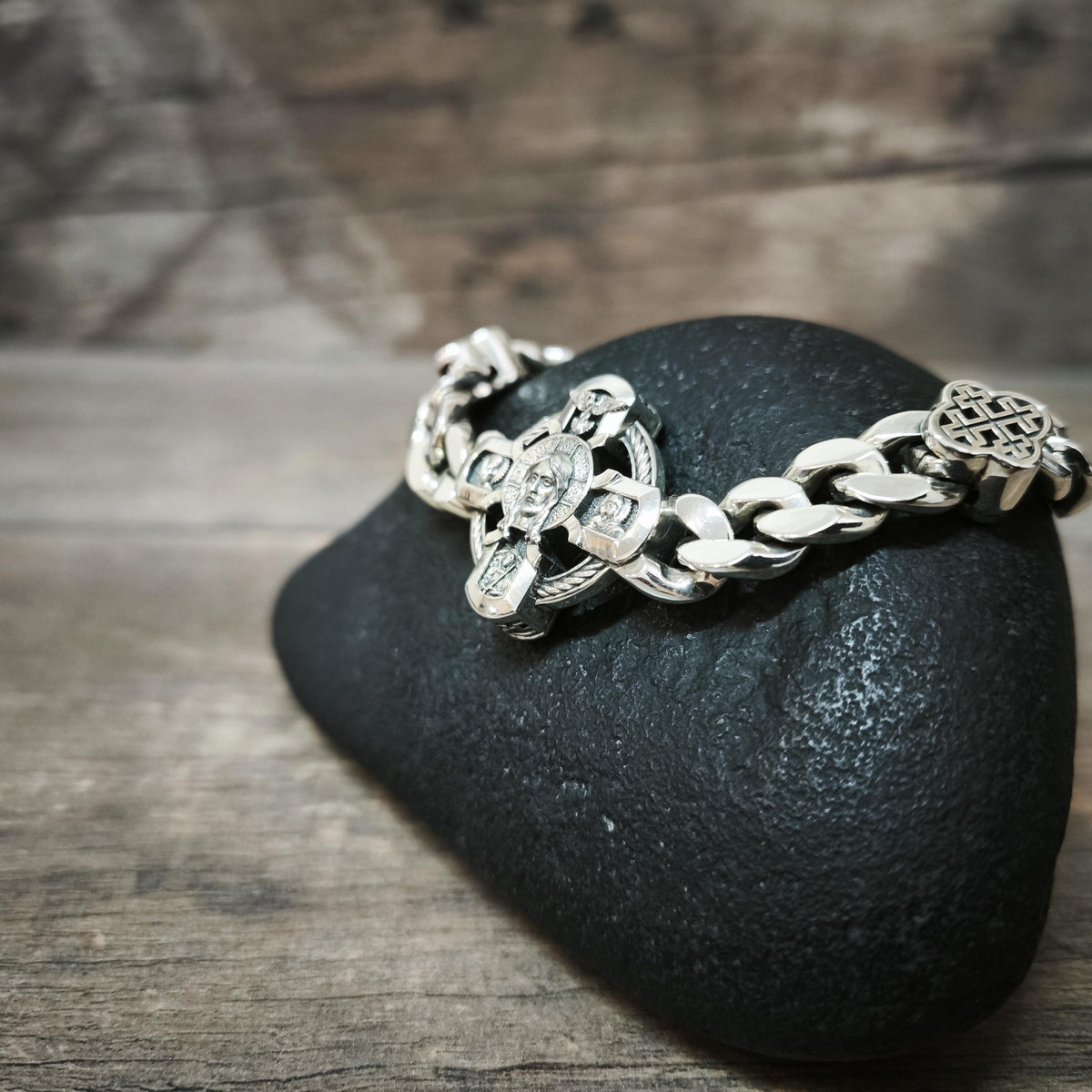 Silver Orthodox Christian Bracelet with Jesus, Archangel Michael, Nicholas the Wonderworker, the Virgin Mary