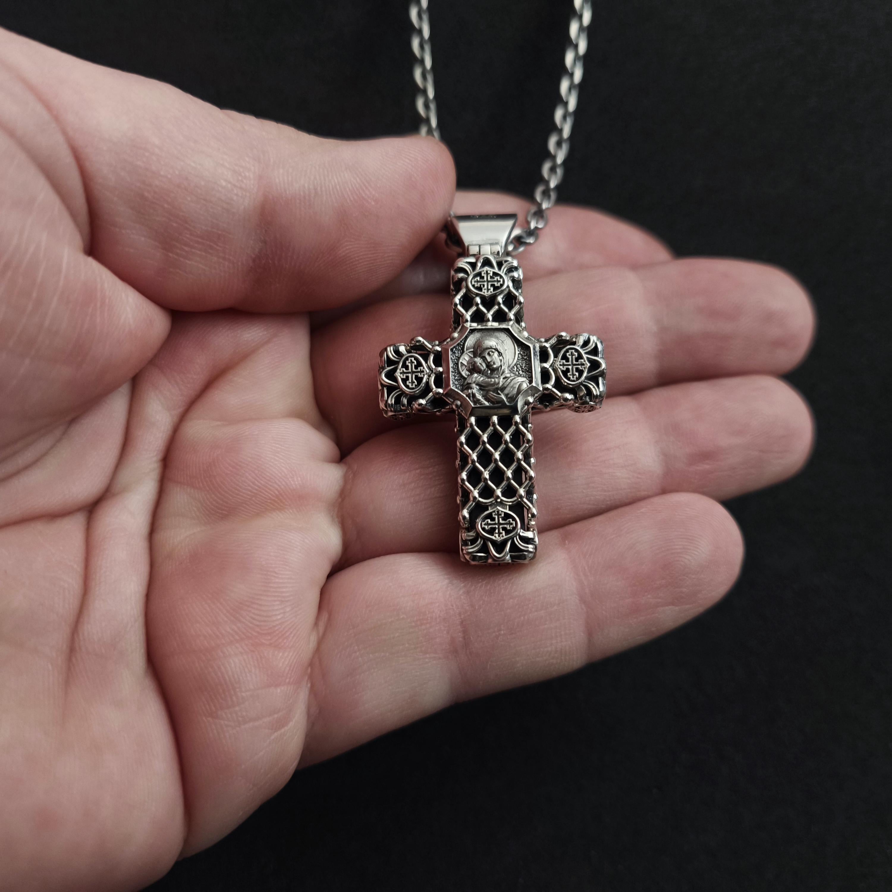 Sterling Silver Orthodox Crucifix Necklace & Ebony Wood - Religious Pendant
