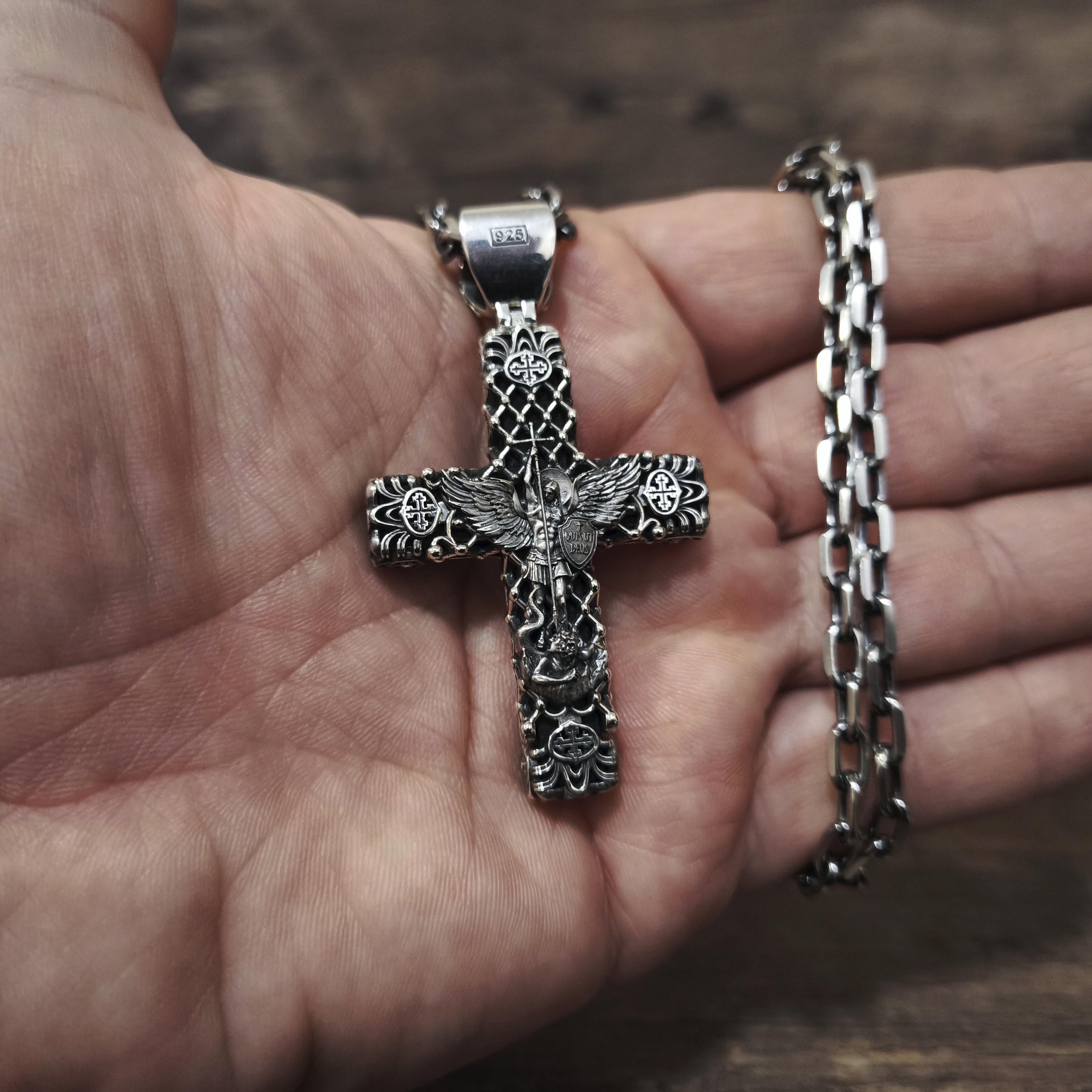 Sterling Silver Crucifix Archangel Michael Necklace & Ebony Wood - Religious Pendant