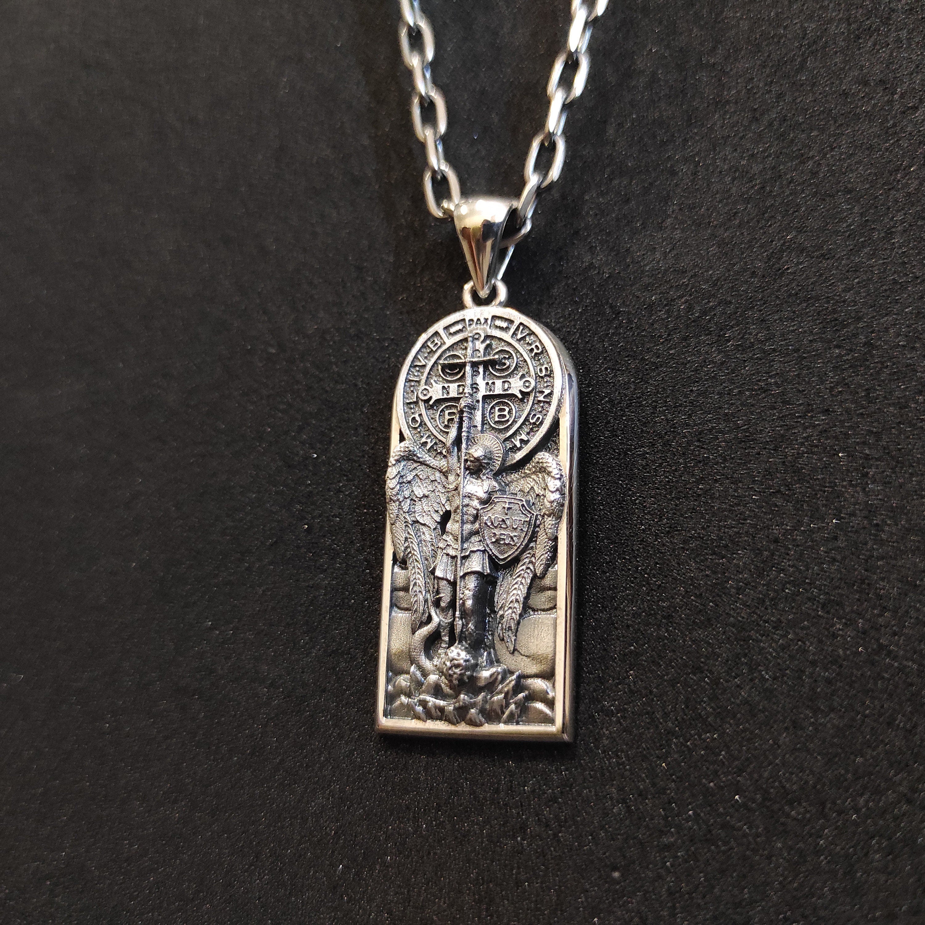 Sterling Silver Archangel Saint Michael Necklace: Handmade St. Benedict Exorcism Cross
