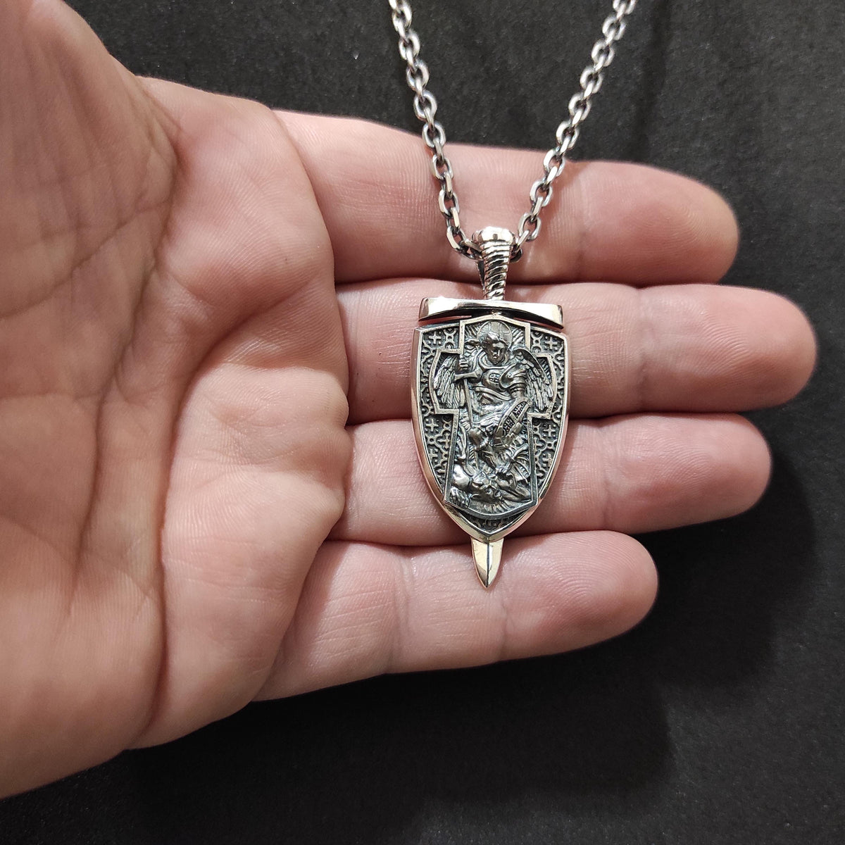 Sterling Silver Archangel Michael Shield Pendant Necklace: Religious Gift