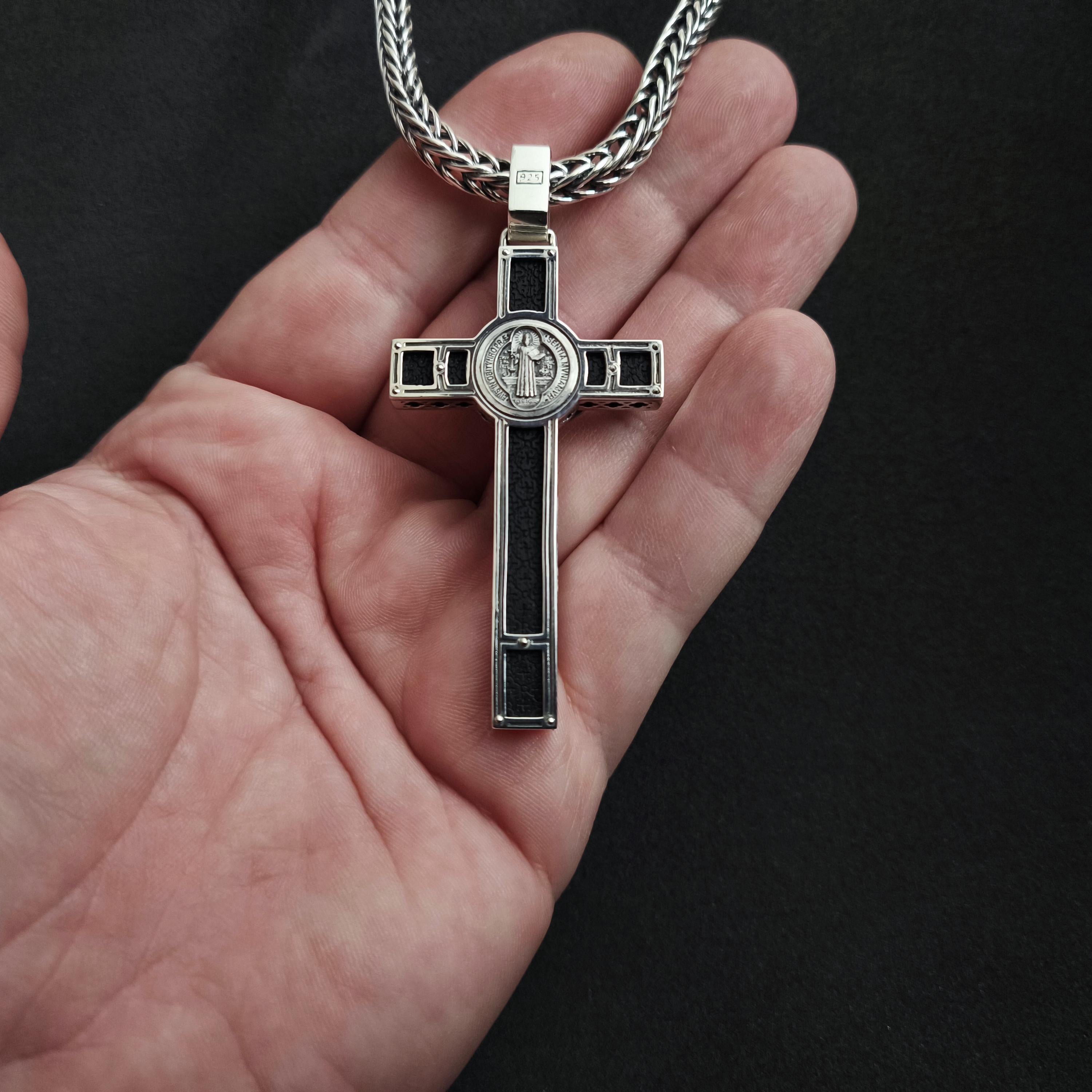 Personalized Saint Benedict Crucifix Necklace: Sterling Silver & Ebony Wood